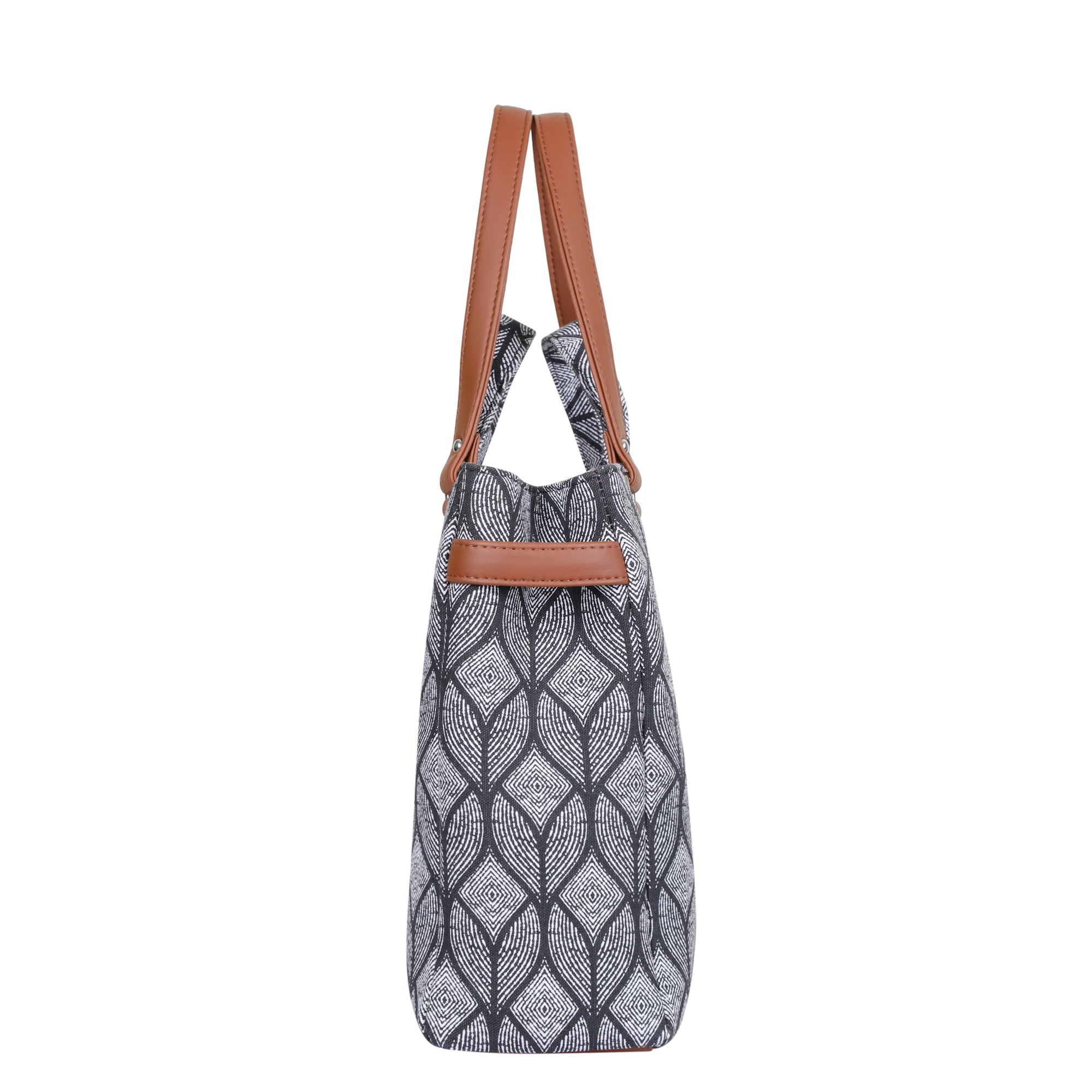 Monochrome Handcrafted Printed Tote Bag – Elegant Women’s Shoulder Purse with Vegan Handles