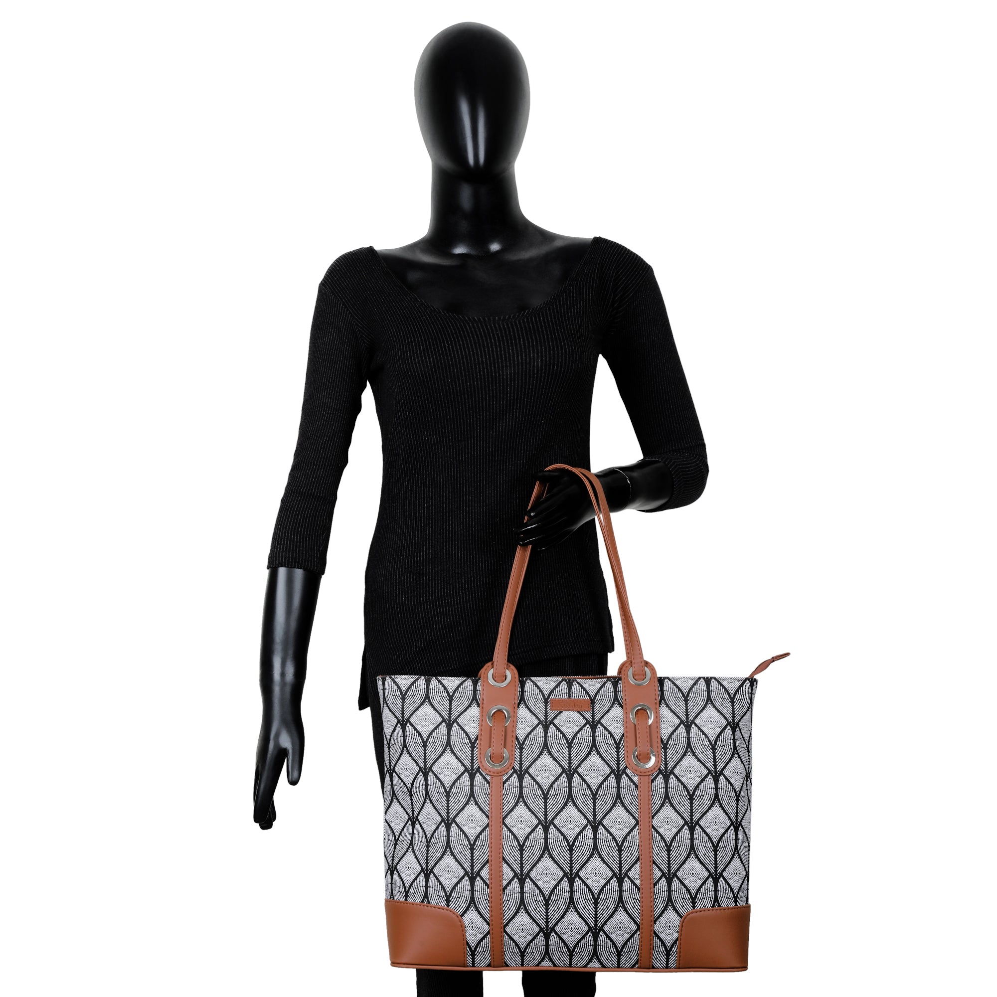 Monochrome Handcrafted Printed Tote Bag – Vegan-Trim Satchel for Women’s Work & Travel