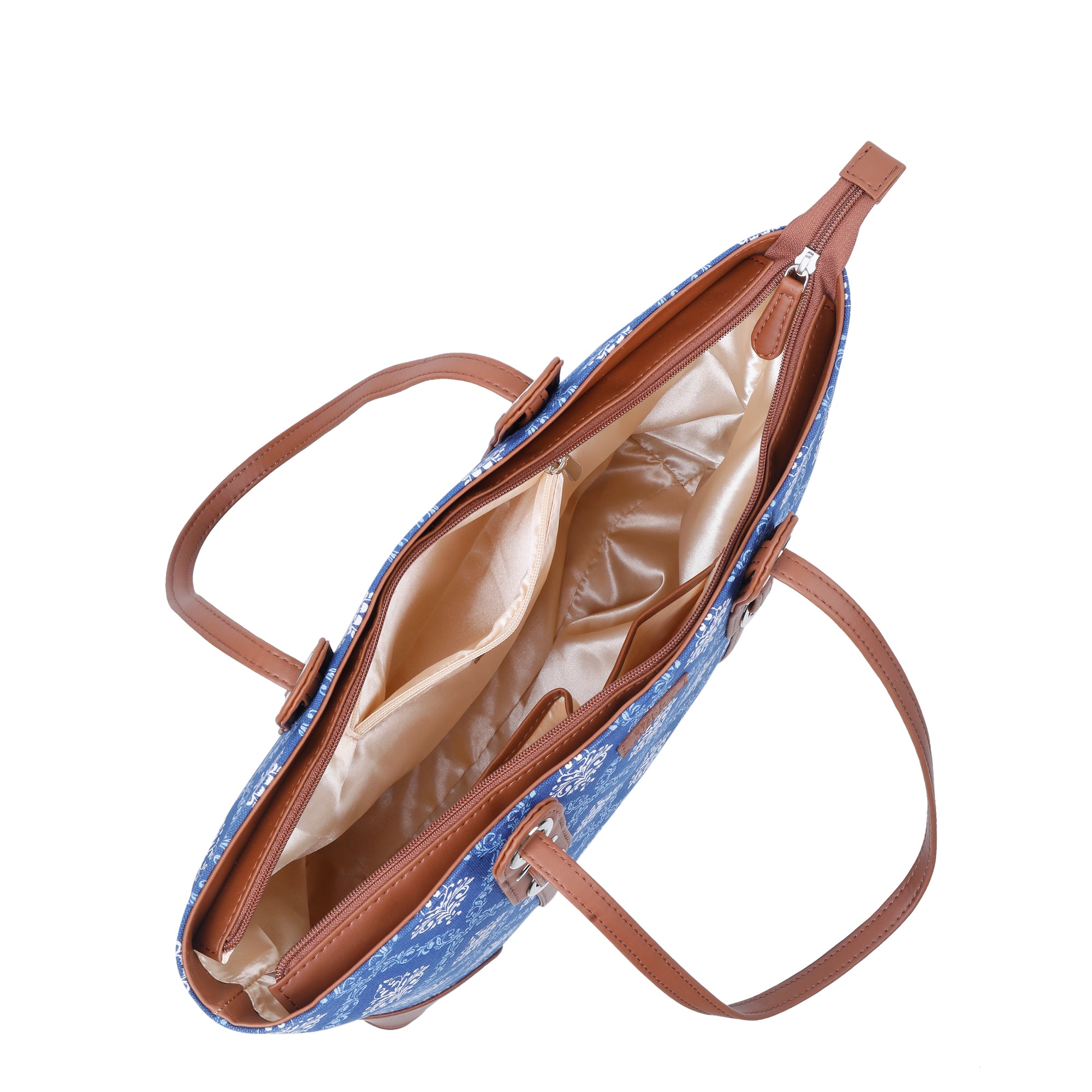 Blue Handcrafted Printed Tote Bag – Elegant Women’s Shoulder Purse with Vegan Trim