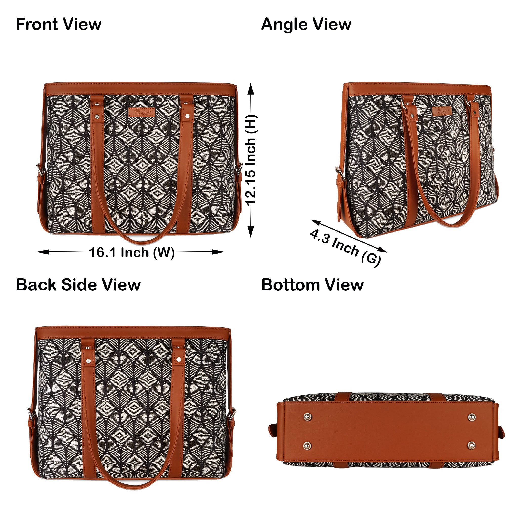 Monochrome Laptop Bag for Ladies – Elegant Handcrafted Printed Shoulder Tote for Office