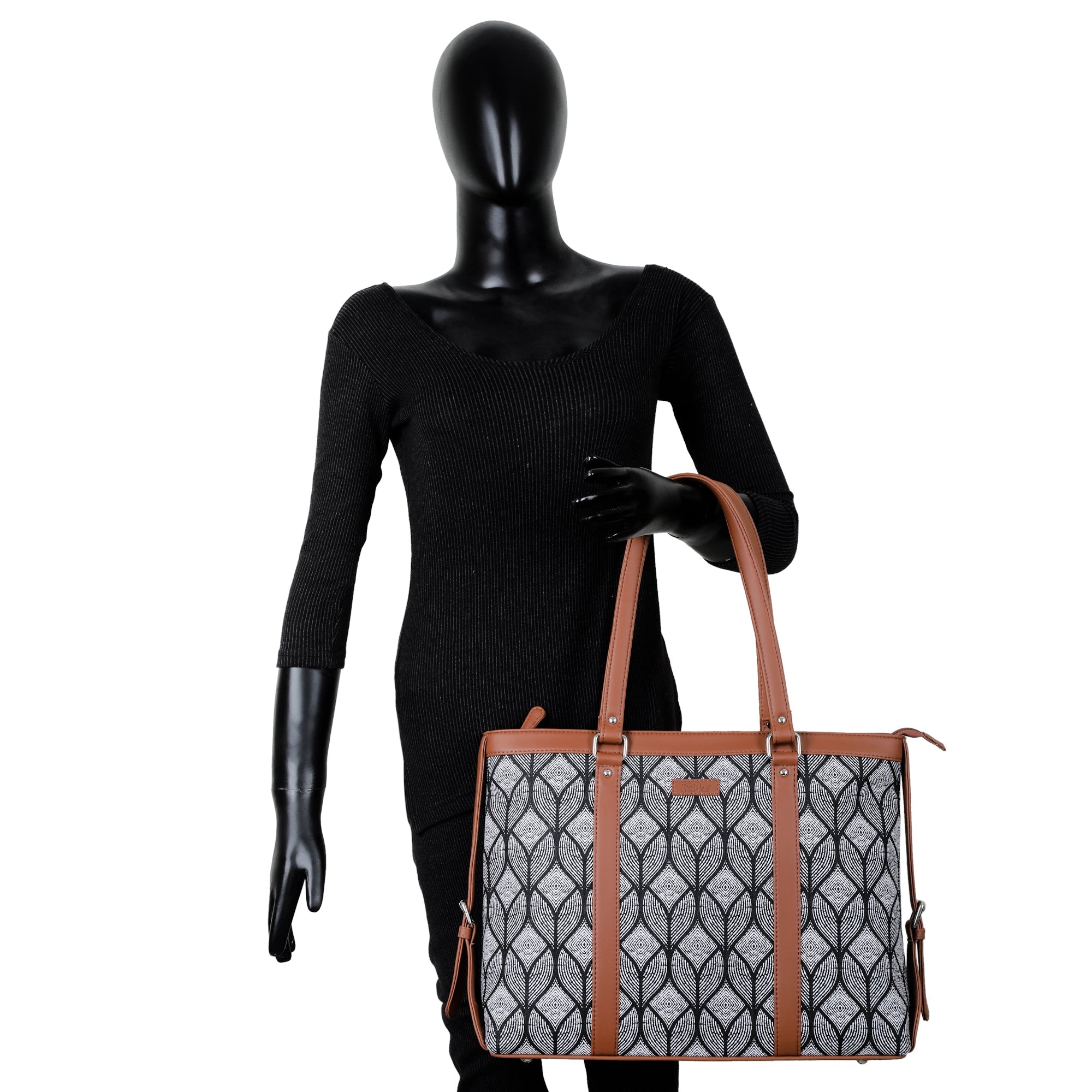 Monochrome Laptop Bag for Ladies – Elegant Handcrafted Printed Shoulder Tote for Office