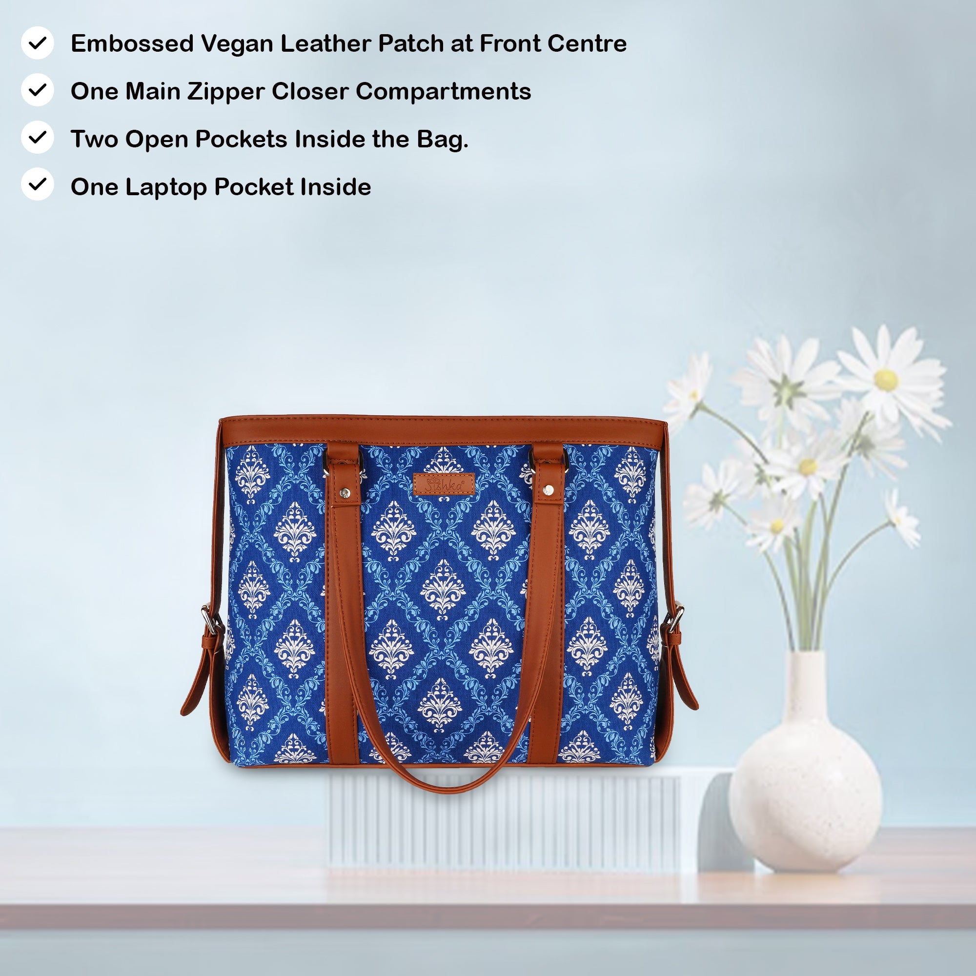Blue Handcrafted Printed Laptop Bag for Women – Tote Satchel Purse for Work & Daily Use