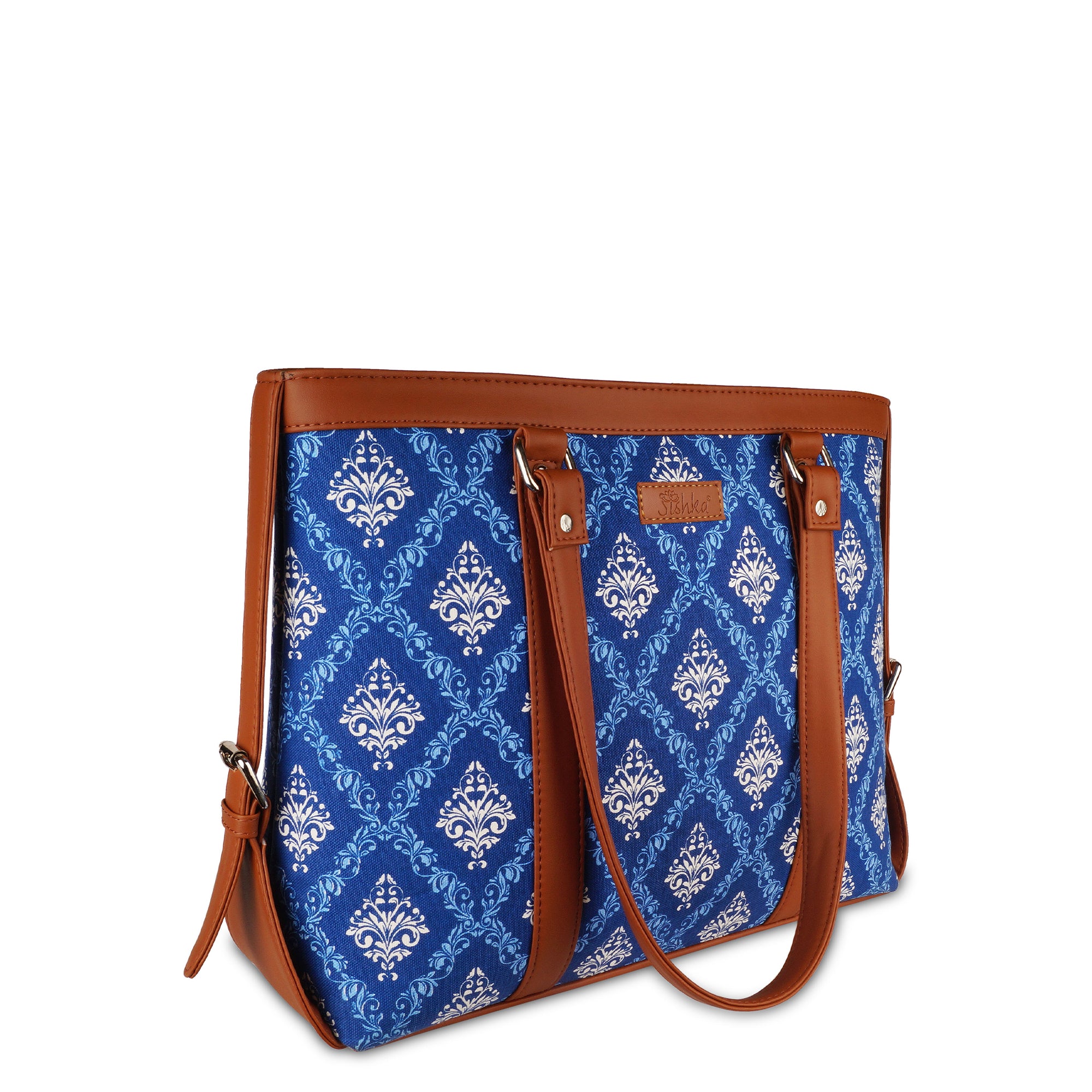 Blue Handcrafted Printed Laptop Bag for Women – Tote Satchel Purse for Work & Daily Use