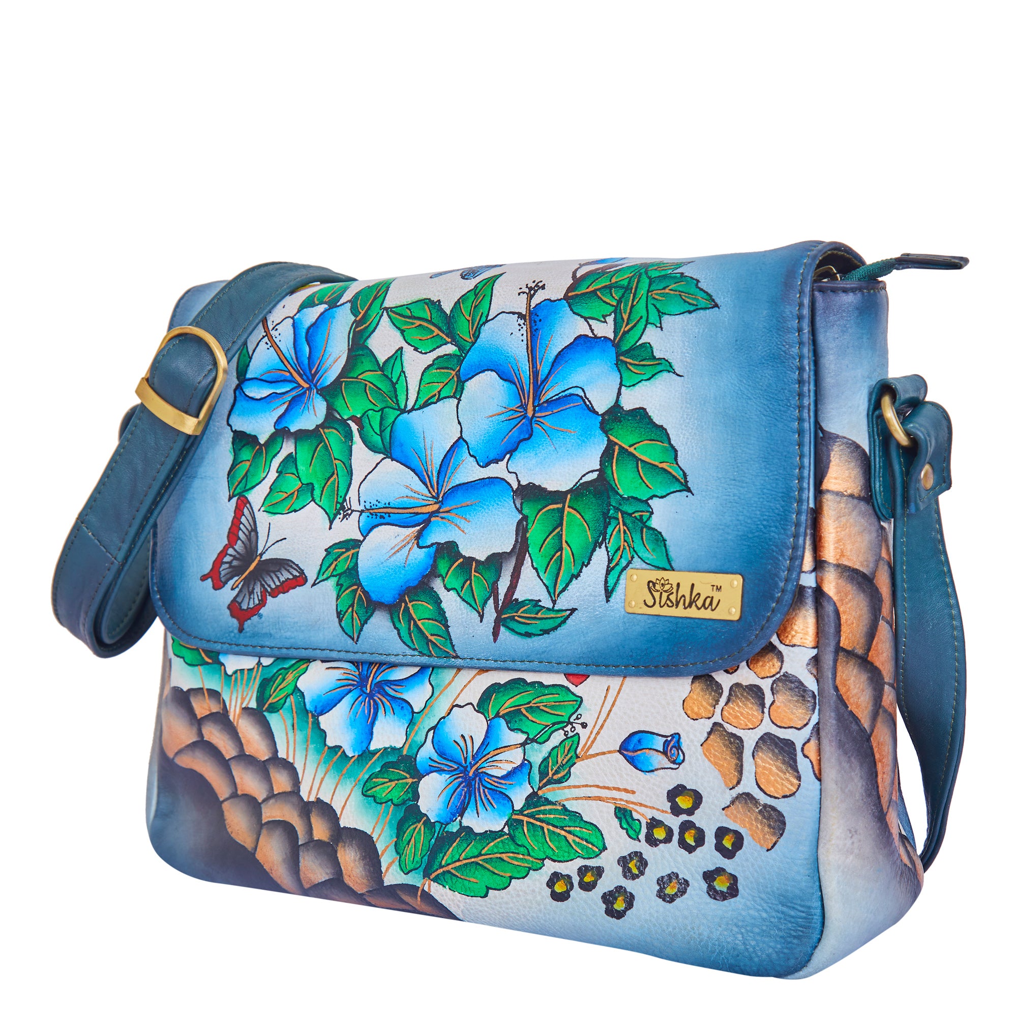 Women’s Floral Design Hand-Painted Leather Messenger Bag