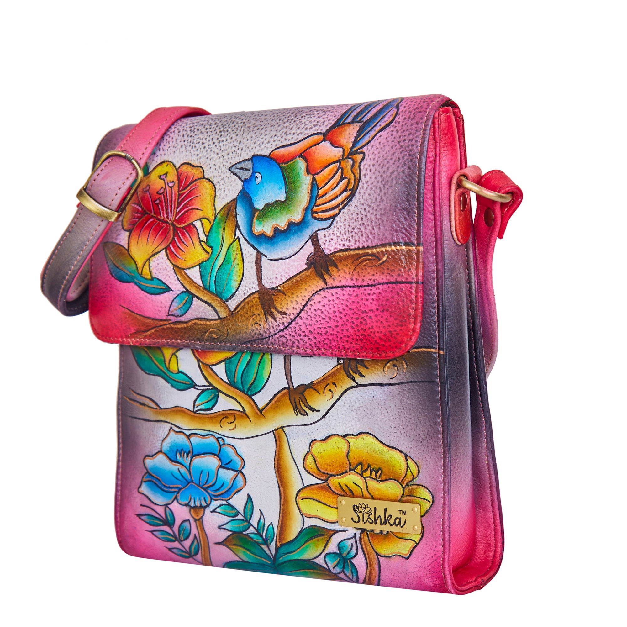 Hand-Painted Floral Elegance Crossbody Leather Bag