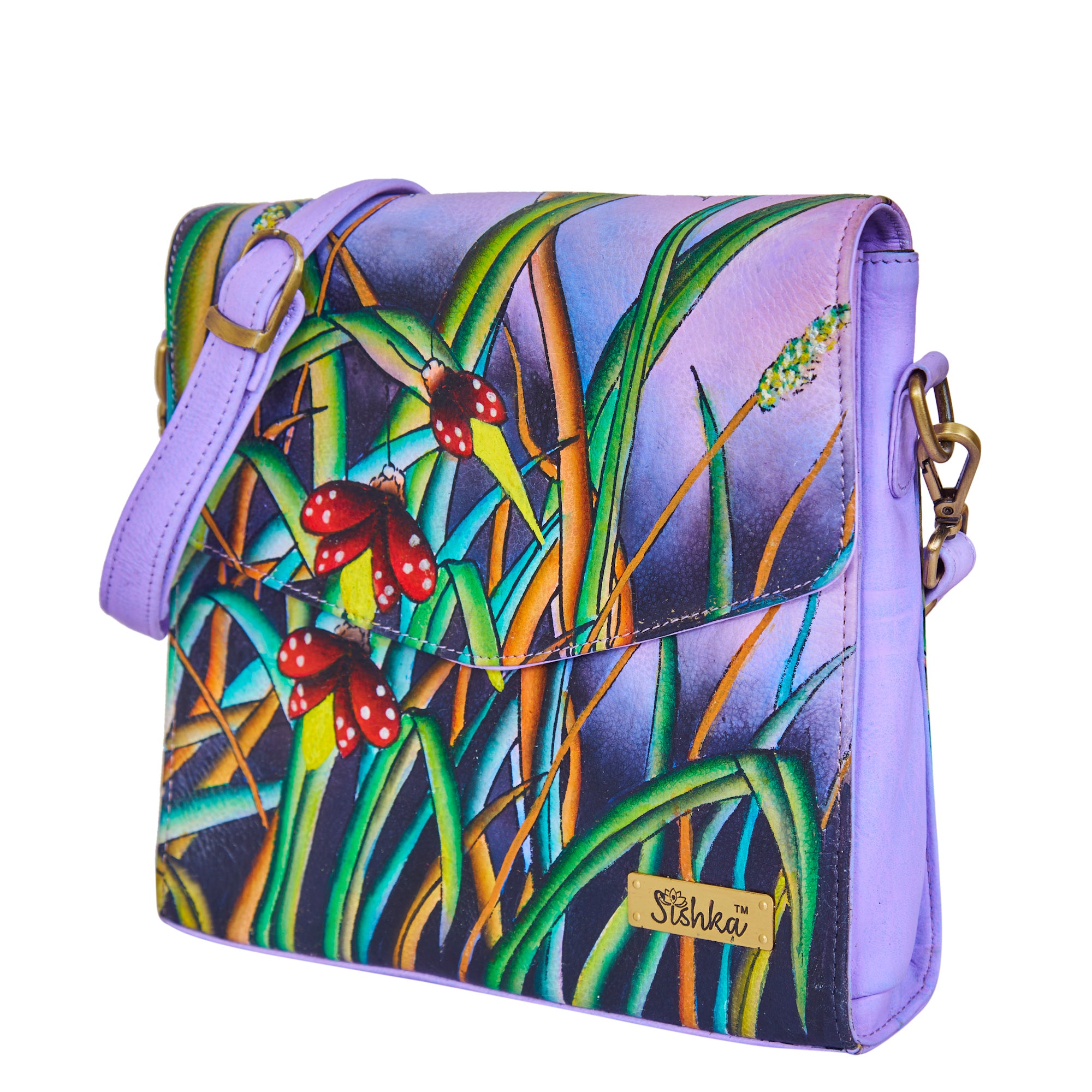 Nature’s Elegance Hand-Painted Bug & Grass Leather Crossbody Bag