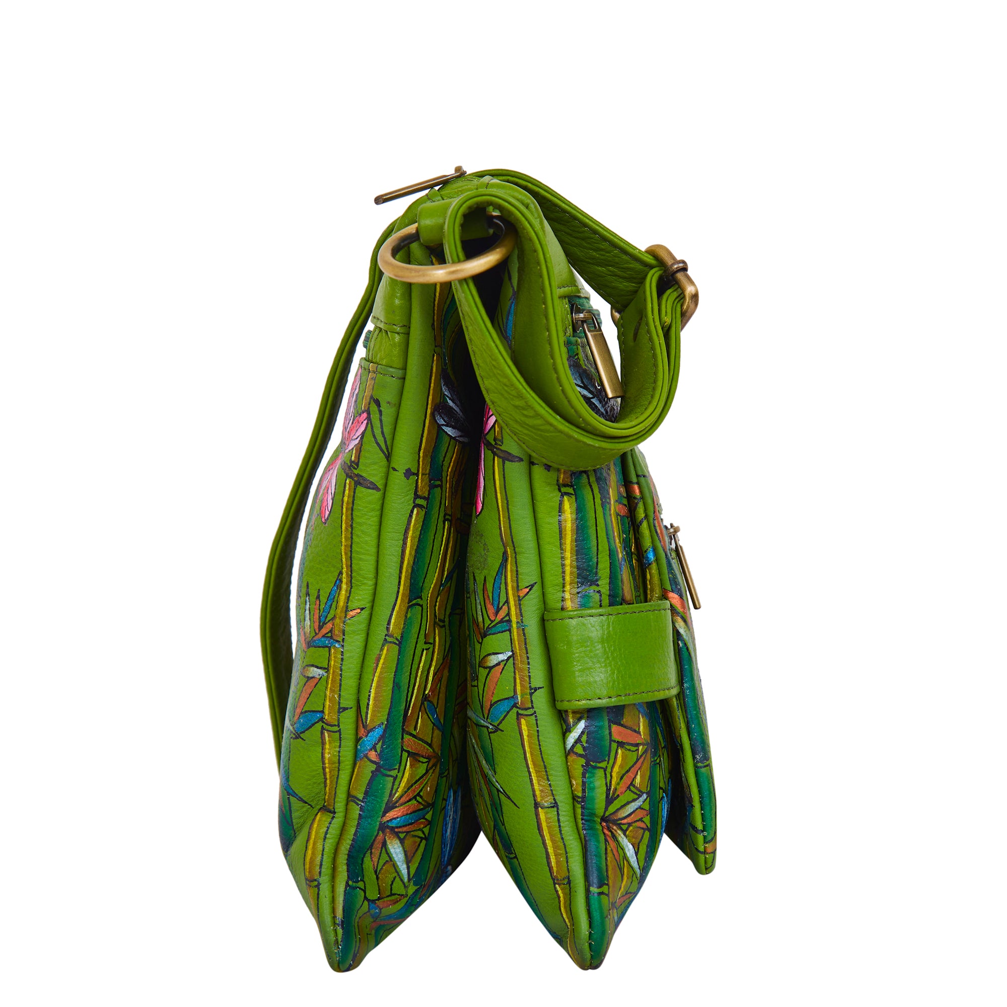 Bamboo and Dragonfly Hand-Painted Leather Crossbody Bag - Green