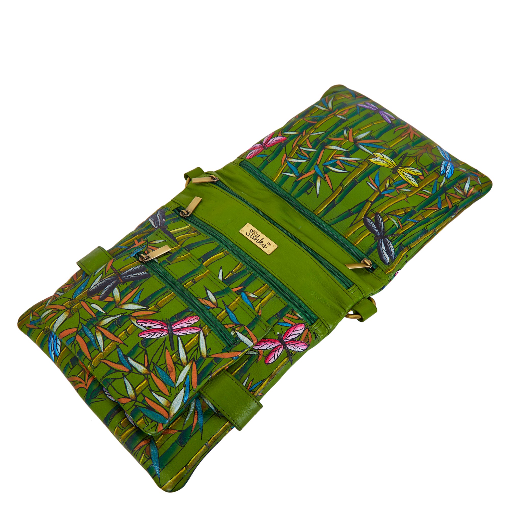 Bamboo and Dragonfly Hand-Painted Leather Crossbody Bag - Green