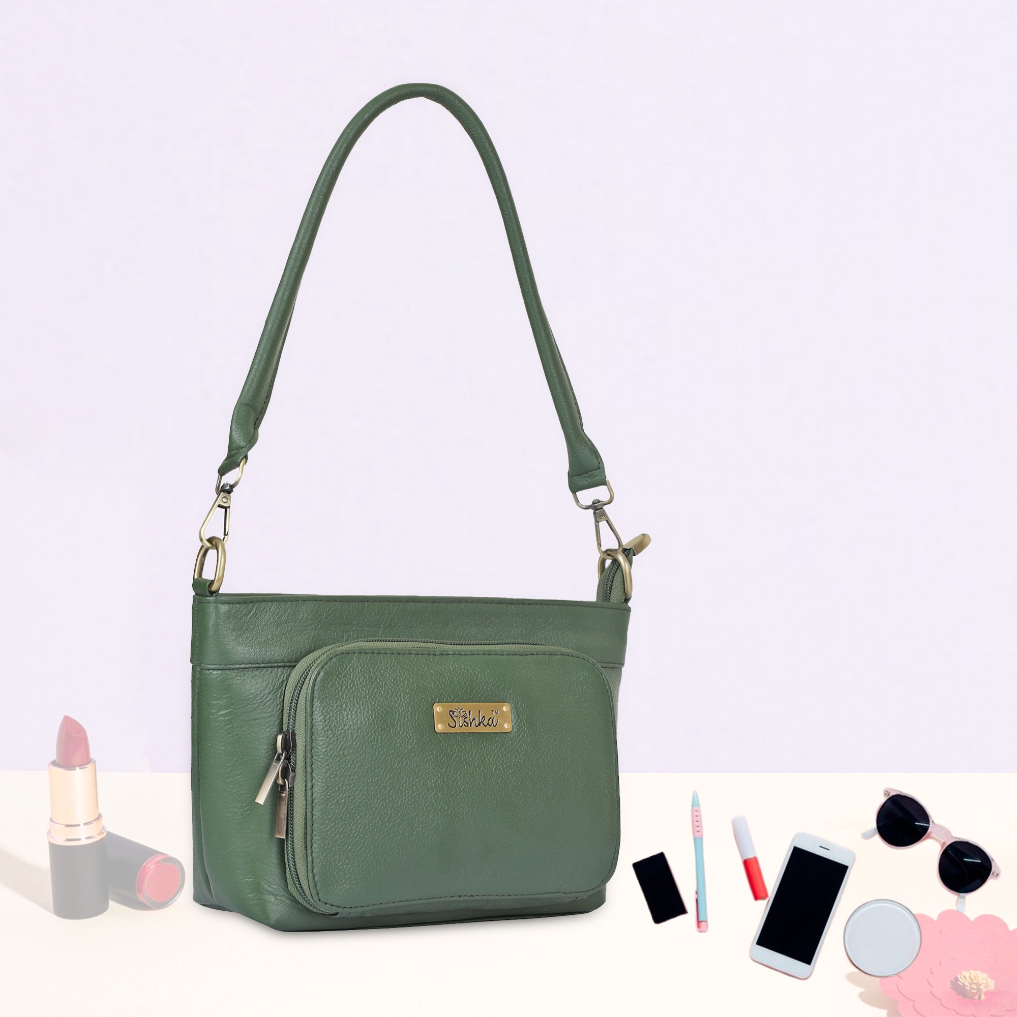 Sishka Olive Shoulder Bag for Women – Elegant Genuine Leather Hobo Handbag Tote with Top Zipper Closure, Perfect for Daily Use, Travel & Casual Outings (H 6.25" x W 10.5" x D 4").