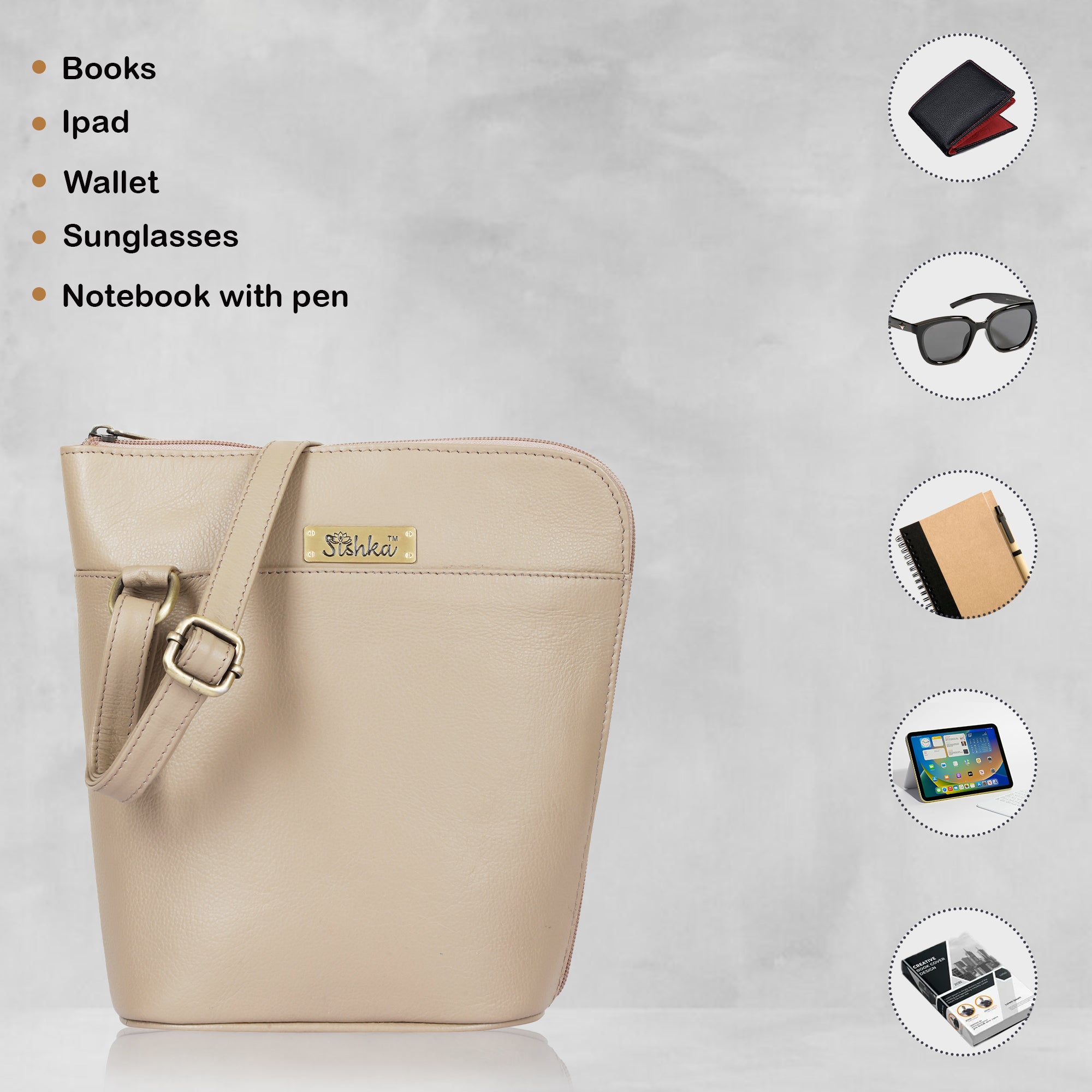Sishka Taupe Genuine Leather Crossover Bag for Women – Modern Shoulder Handbag with an Elegant Organizer Design, Ideal for Everyday Carry (H 9.25" x W 9.5" x D 3.5").