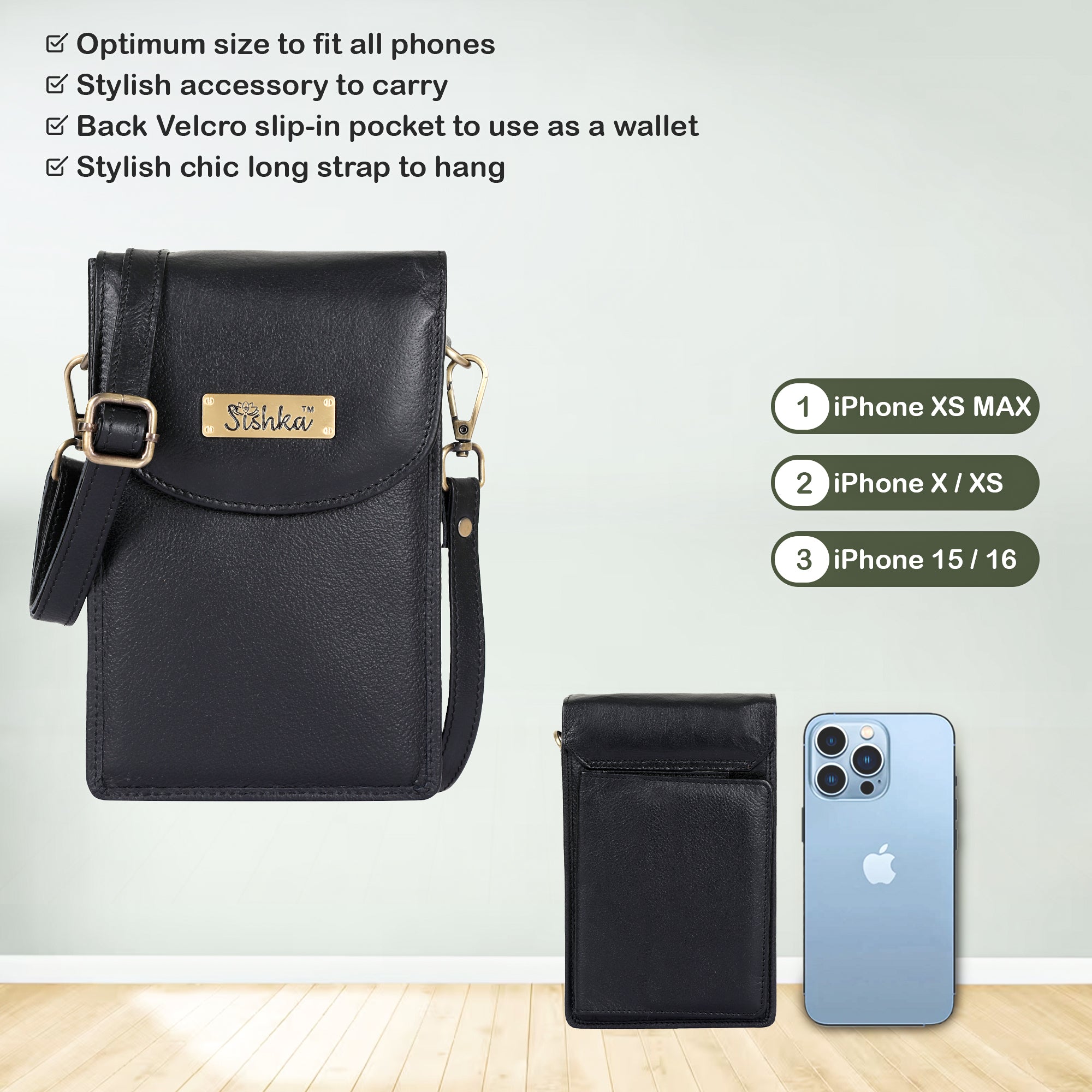 Crossbody Cell Phone Wallet in Trendy Black by Sishka – Stylish Genuine Leather Purse, Sleek Shoulder Bag, Travel Sling, Compact Wallet for Everyday Use.
