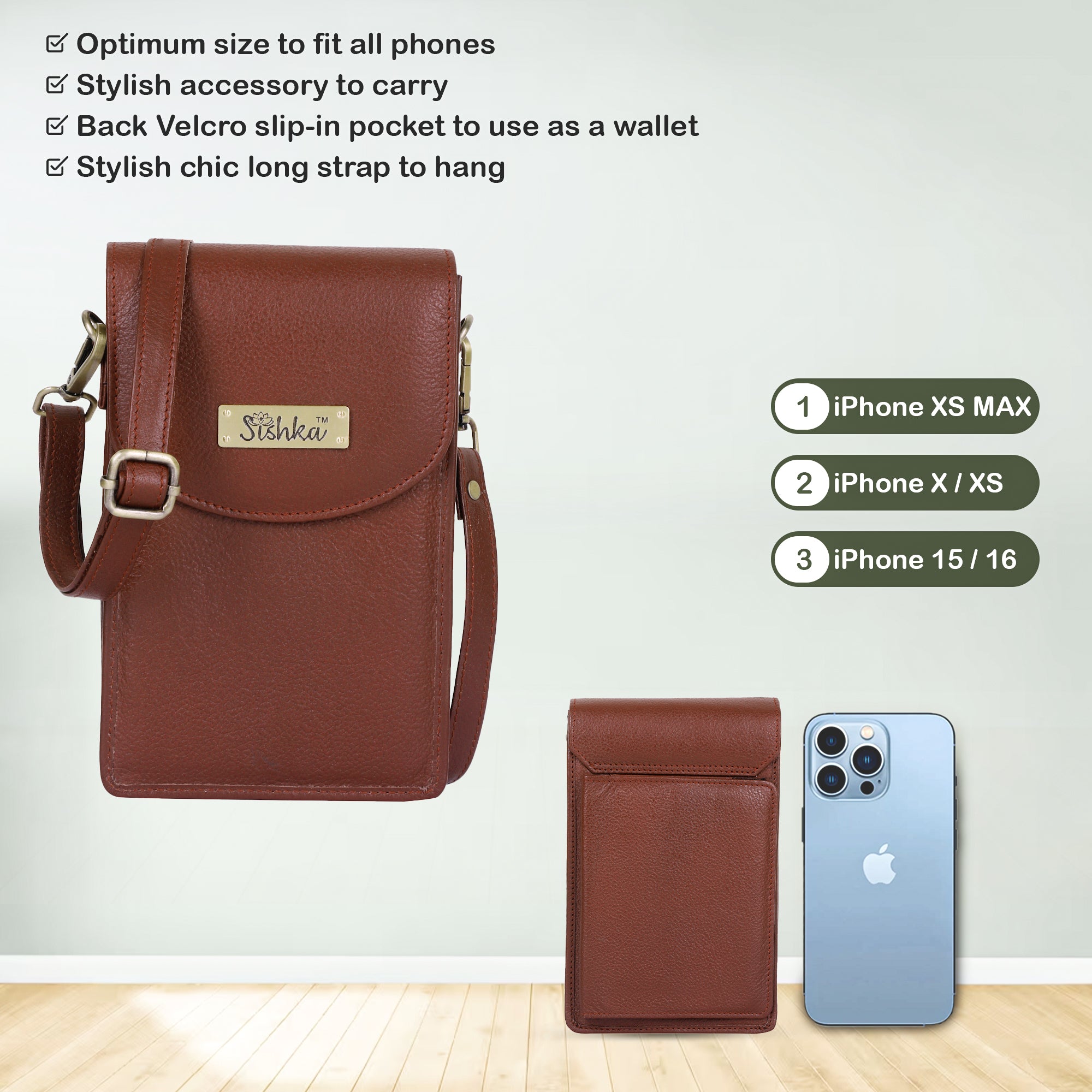 Crossbody Cell Phone Wallet in Stylish Brown by Sishka – Leather Purse, Convenient Shoulder Bag, Practical Travel Sling, Compact Wallet for Everyday Needs.