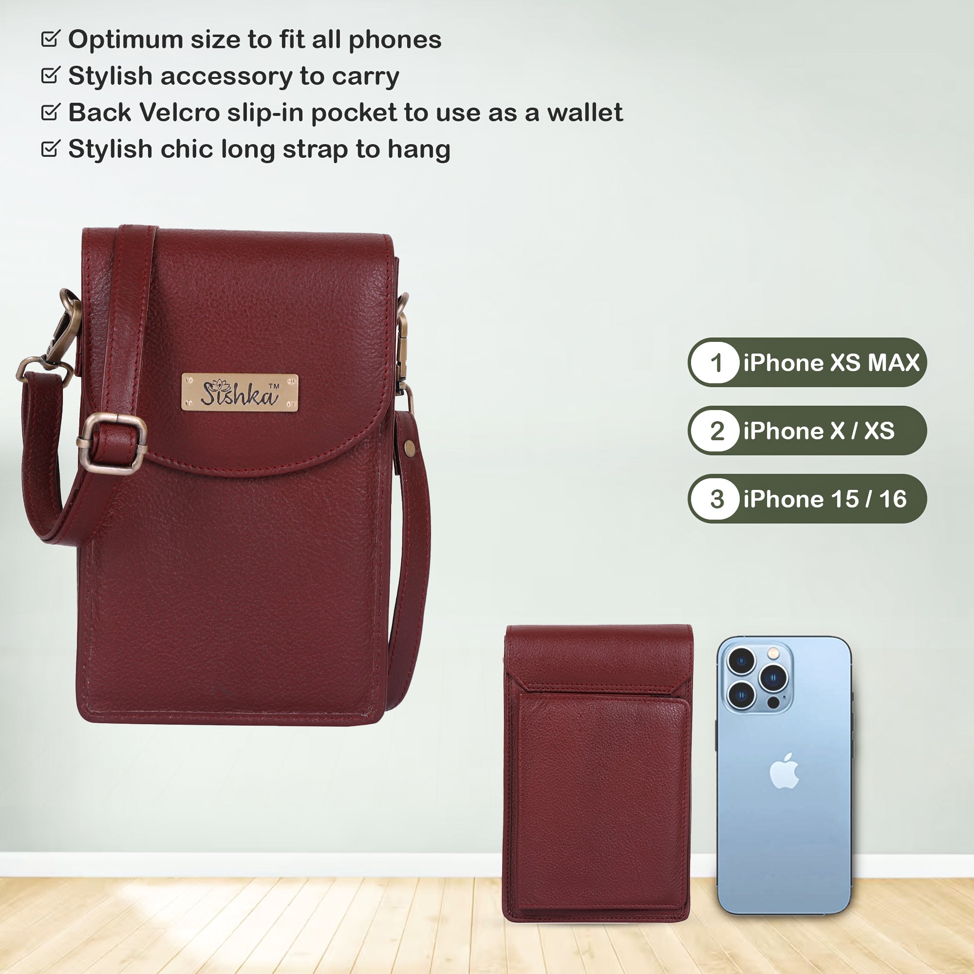 Sishka Cherry Red Crossbody Cell Phone Wallet for Women – Leather Purse, Trendy Shoulder Handbag, Genuine Leather Phone Bag, Travel Crossbody Purse, Compact Wallet & Sling for Daily Use.