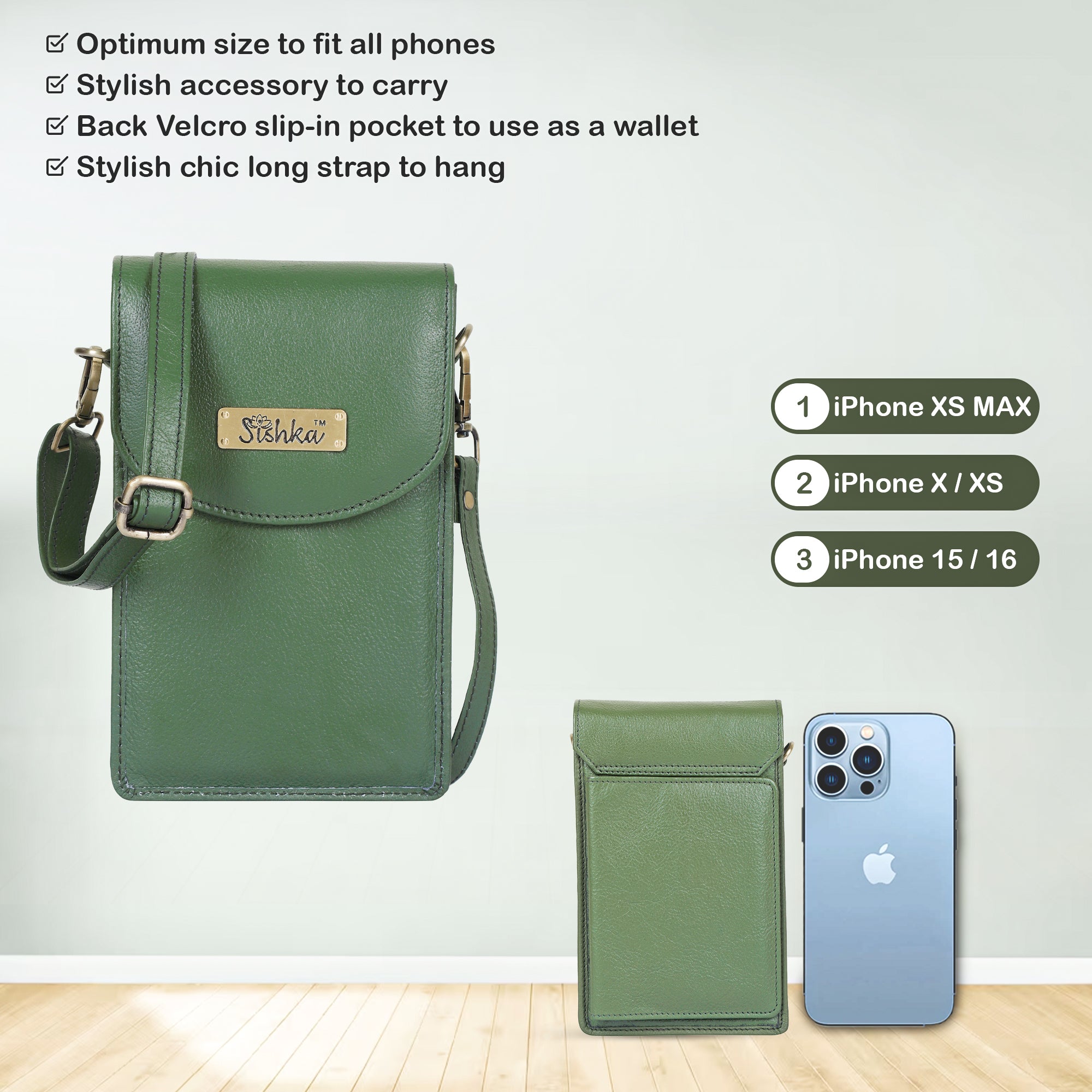Sishka Olive Crossbody Cell phone Wallet for Women/ Ladies – Trendy Leather Phone Purse, Stylish Shoulder Bag, Genuine Leather Travel Sling, Compact Wallet for Everyday Use.