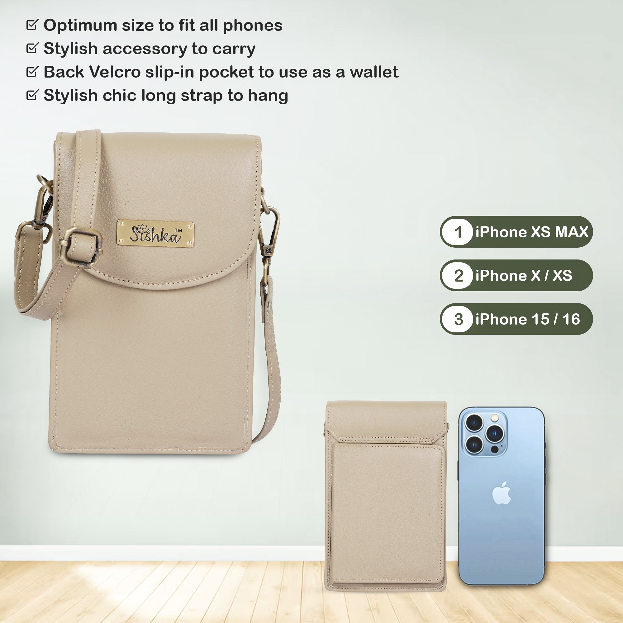 Crossbody Cell Phone Wallet for Ladies in Taupe Colour– Fashionable Leather Phone Purse, Sleek Shoulder Bag, Genuine Leather Travel Sling, Compact Everyday Wallet | Sishka