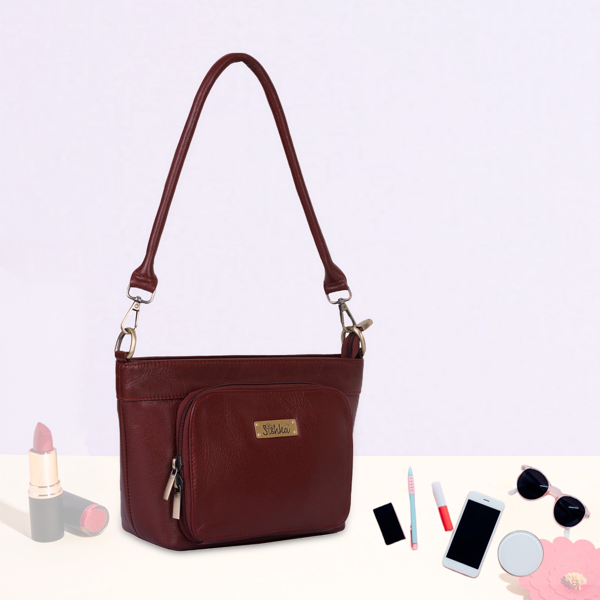 Sishka Cherry Red Shoulder Bag for Women – Stylish Hobo Handbag, Soft Genuine Leather Tote with Top Zipper Closure, Ideal for Daily Use, Travel & Casual Outings (H 6.25" x W 10.5" x D 4").