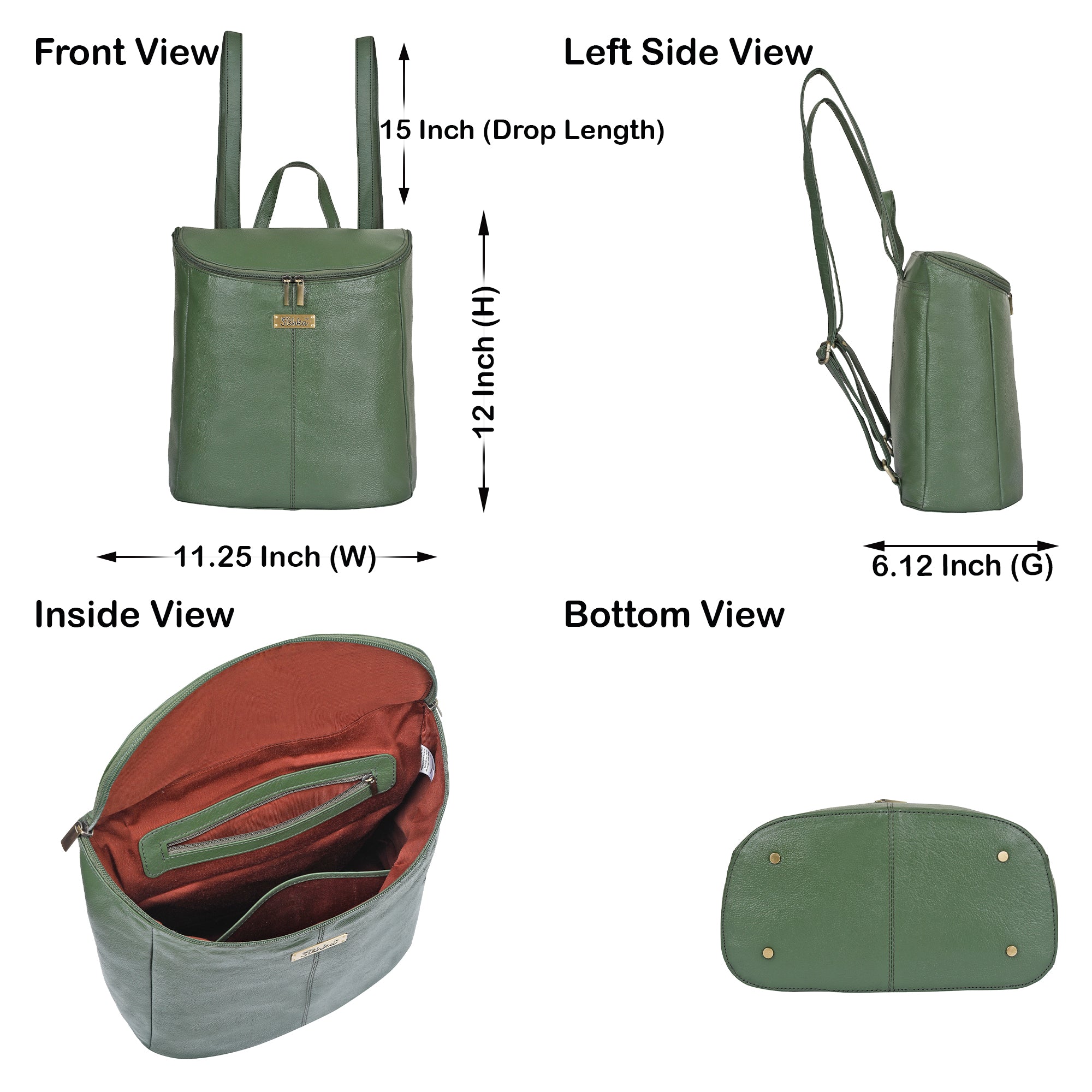 Sishka | Olive Leather Backpack for Women – Easy Open Zipper, Genuine Leather, Spacious Compartment, Trendy Travel Backpack Purse for Ladies, Teen Girls – Stylish Shoulder Daypack for Work, College, Travel