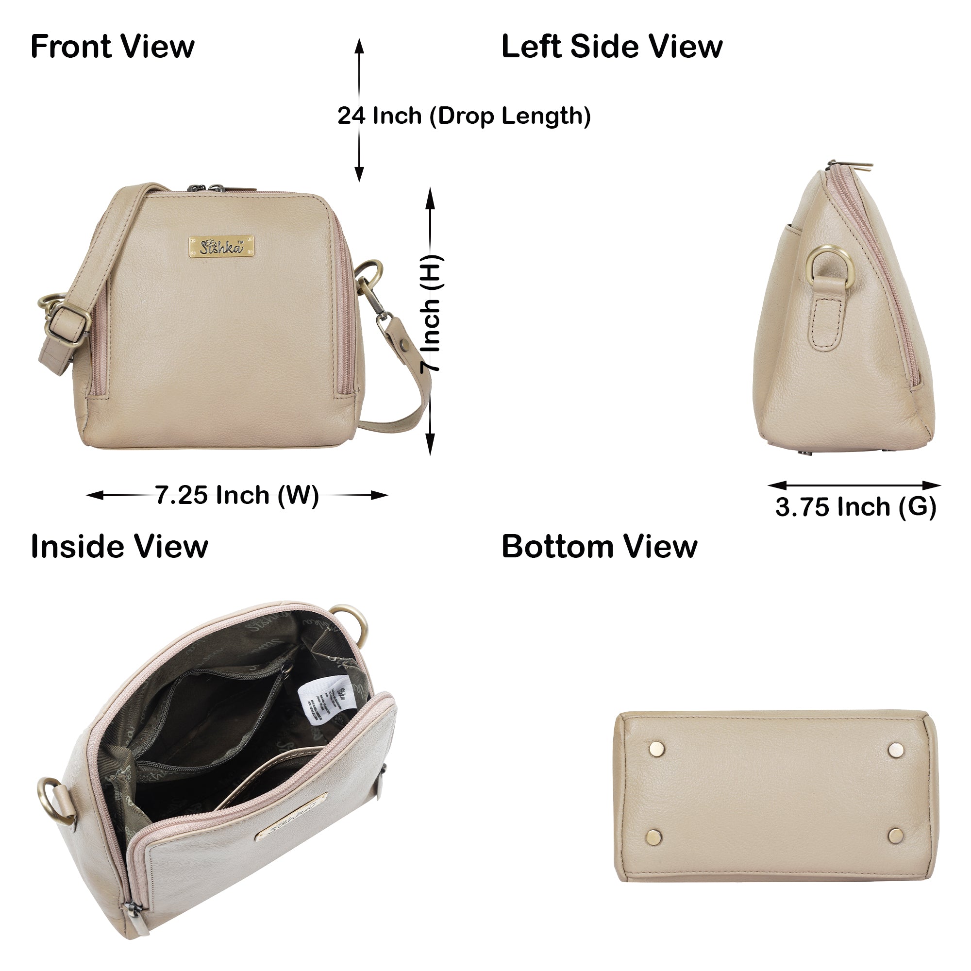 Taupe Genuine Leather Crossbody Sling Bag for Women