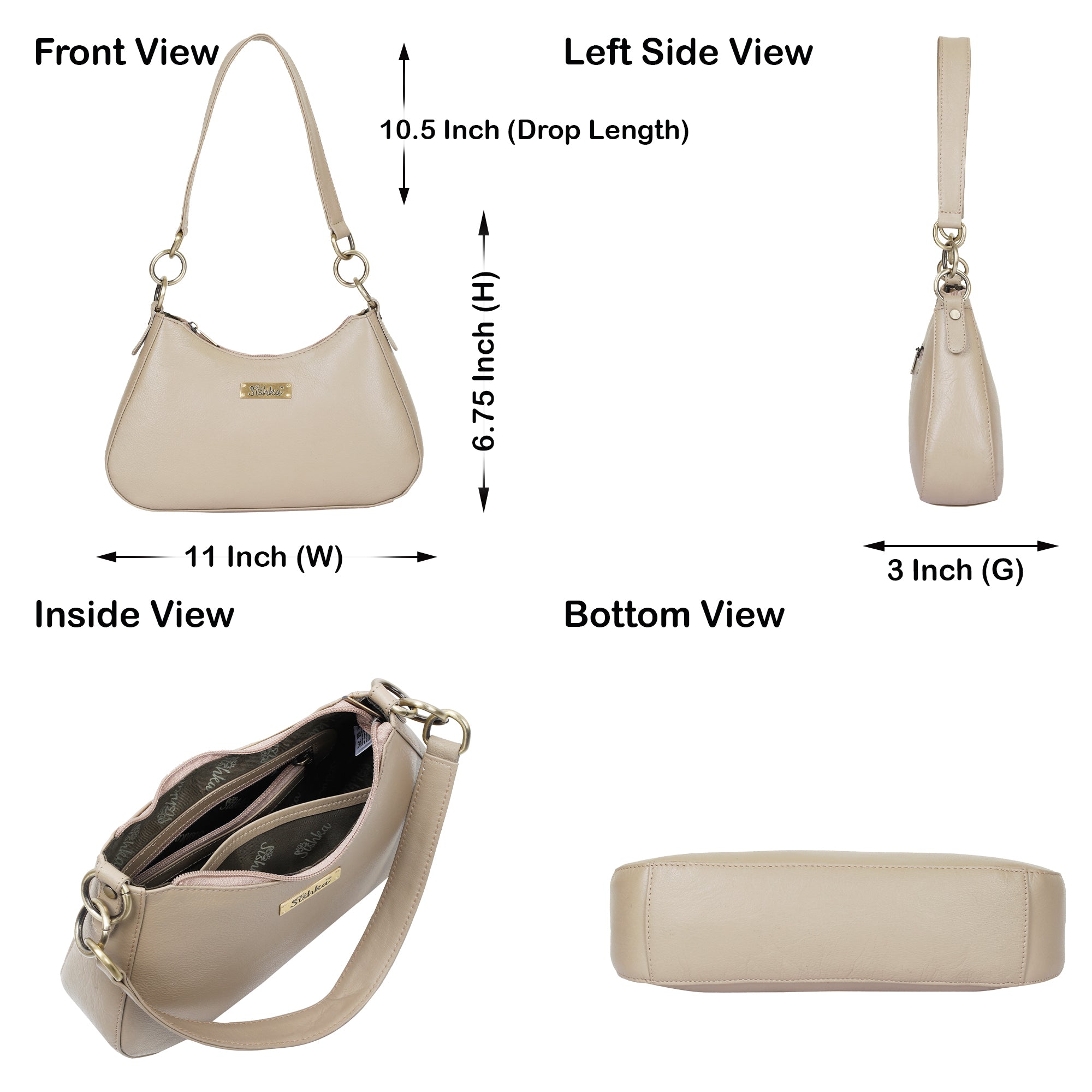 Sishka Shoulder Bag in Taupe – Stylish Hobo Purse for Women, Soft Genuine Leather Half Moon Tote with Top Zipper Closure, Perfect for Daily Use, Travel & Casual Outings.