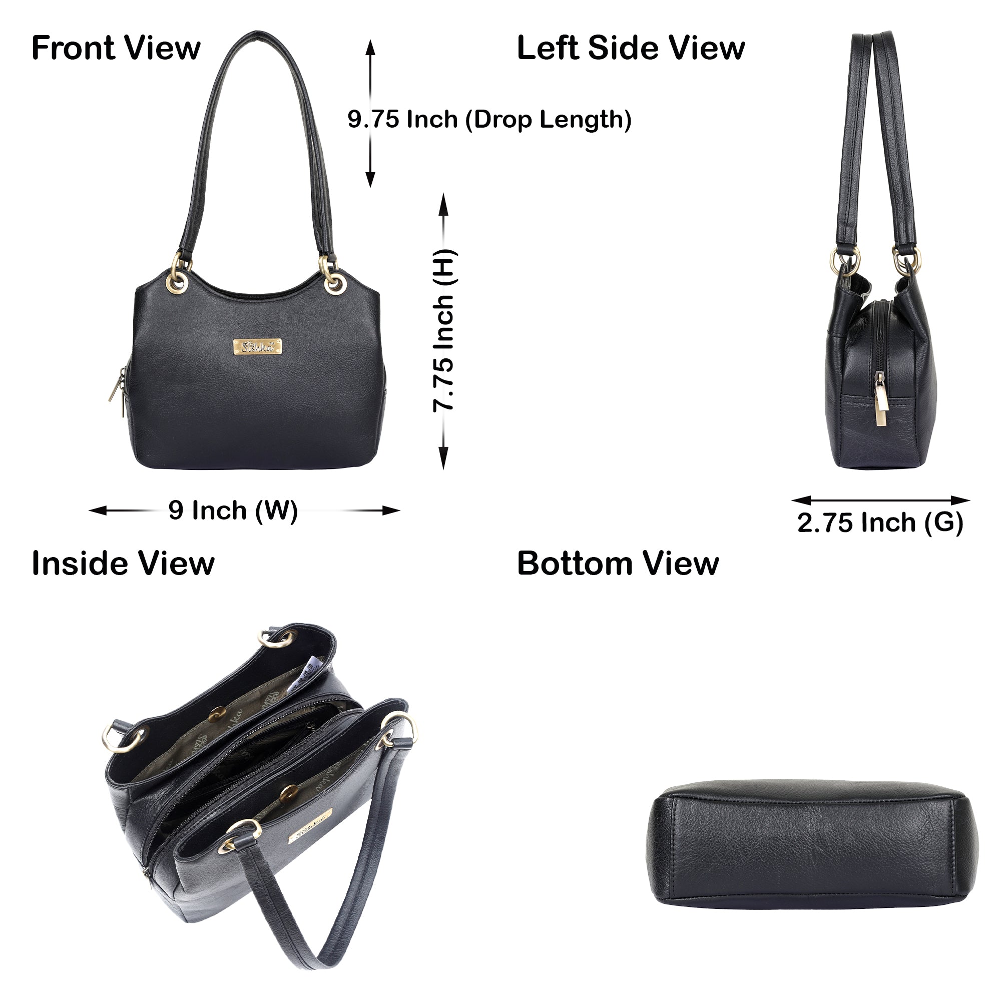 Sishka Black Genuine Leather Satchel Handbag, Tote Shoulder Bag for Women, Designer Top Handle Purse,Ladies Leather Bag – H 7.75" x W 9" x D 2.75"
