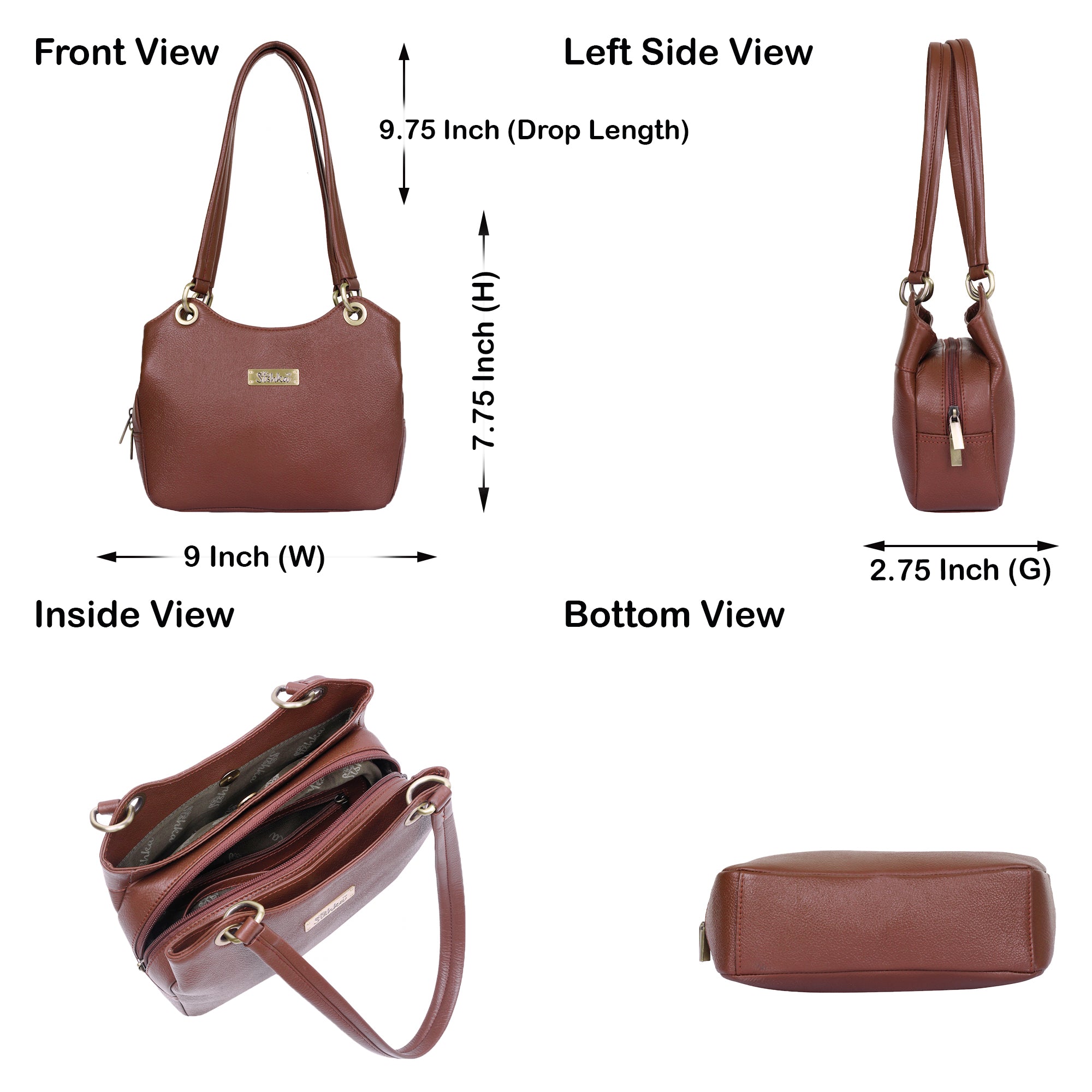 Brown Women's Genuine Leather Satchel Bag, Tote Purses and Handbags Trendy Ladies Shoulder Tote Bag for Work, Office Party by Sishka (H 7.75" x W 9" x D 2.75")