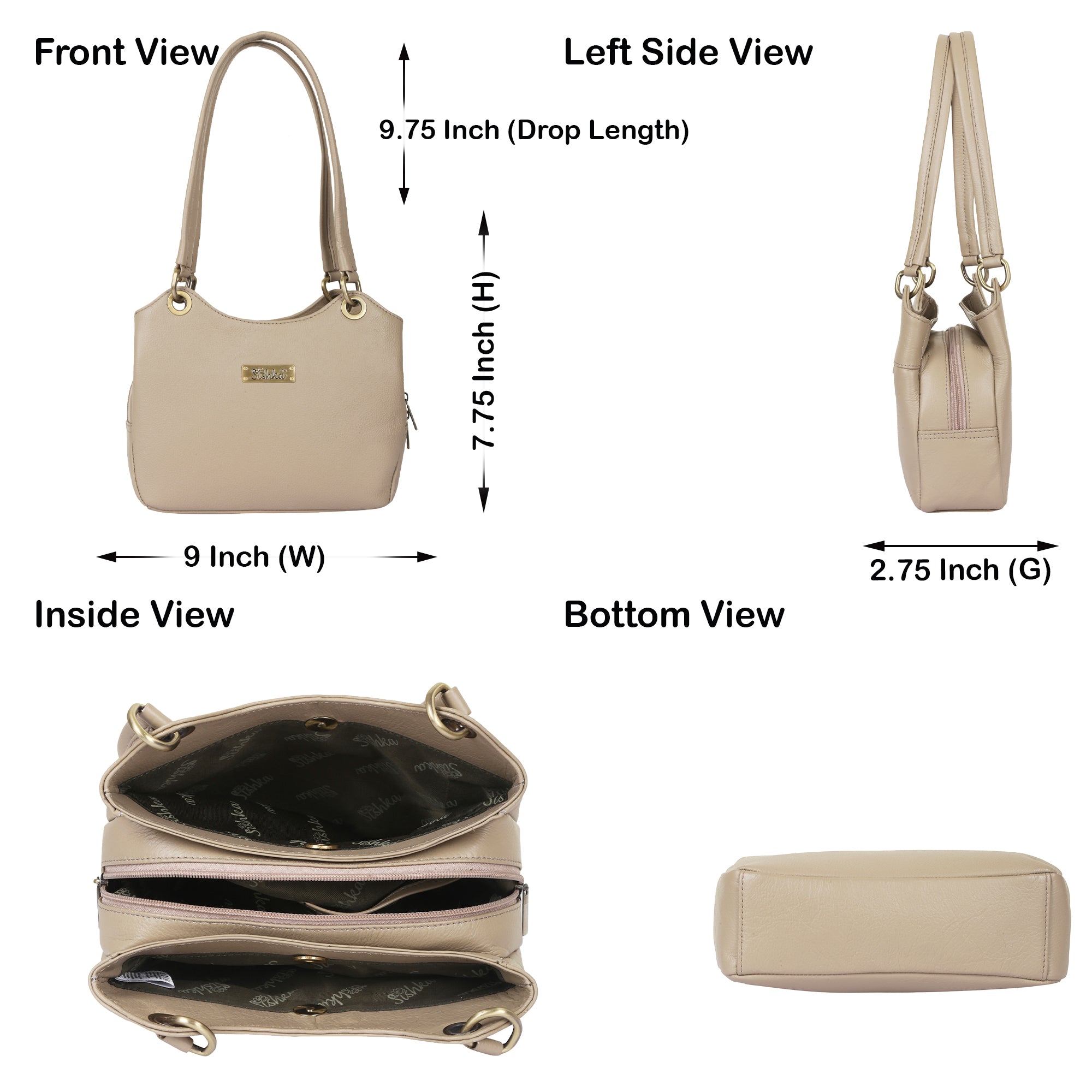 Sishka Taupe Women's Genuine Leather Satchel Bag, Trendy Crossbody Tote, Fashionable Shoulder Handbag, Stylish Top Handle Purse, Elegant Everyday Leather Bag – H 7.75" x W 9" x D 2.75".