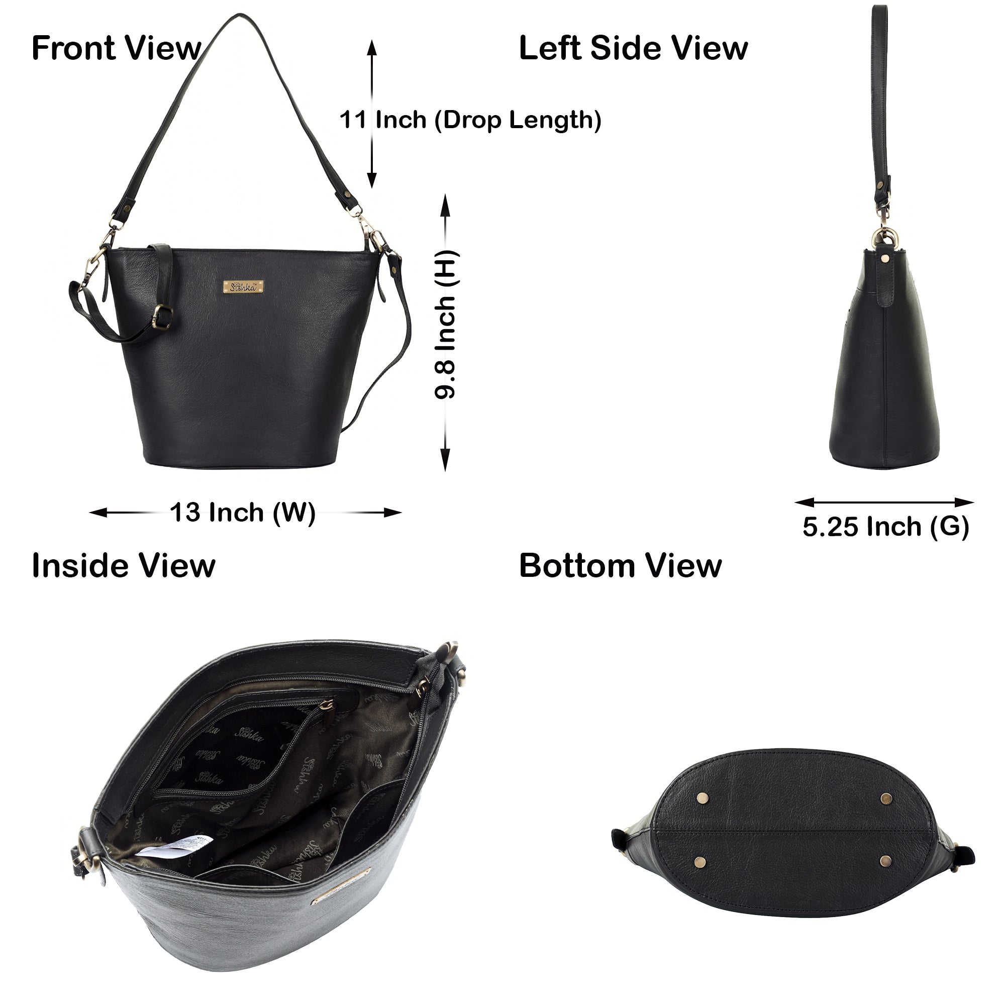 Sishka Black Genuine Leather Bucket Hobo Bag for Women – Stylish Tote Shoulder Handbag, Spacious Satchel Purse, Perfect for Office, Events, Casual Outings & Travel (H 9.87" x W 13" x D 5.25").
