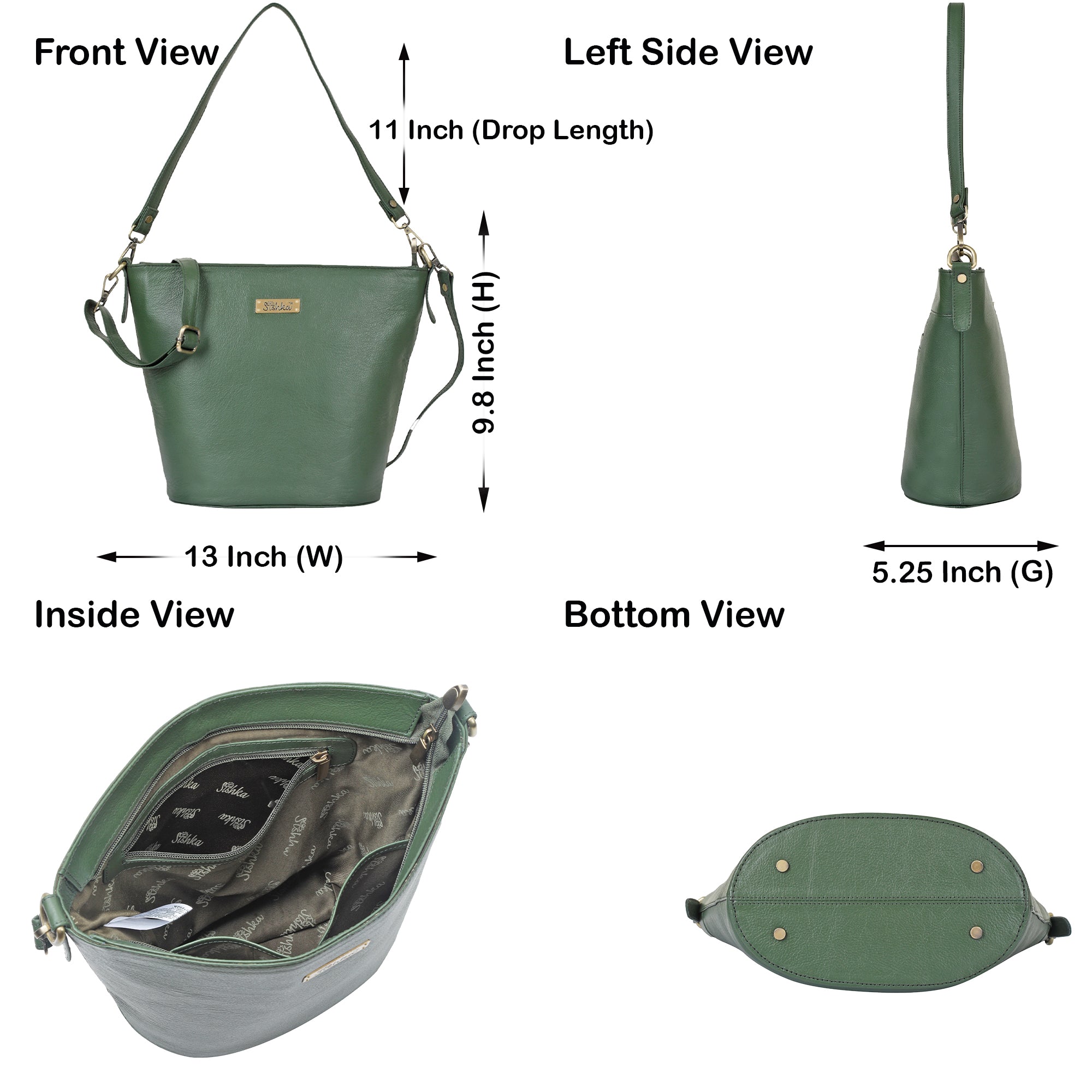 Olive Genuine Leather Bucket Hobo Bag for Women – Trendy Tote Shoulder Purse, Stylish Handbag, Spacious Satchel for Office, Parties, Casual Outings & Trips (H 9.87" x W 13" x D 5.25") | Sishka