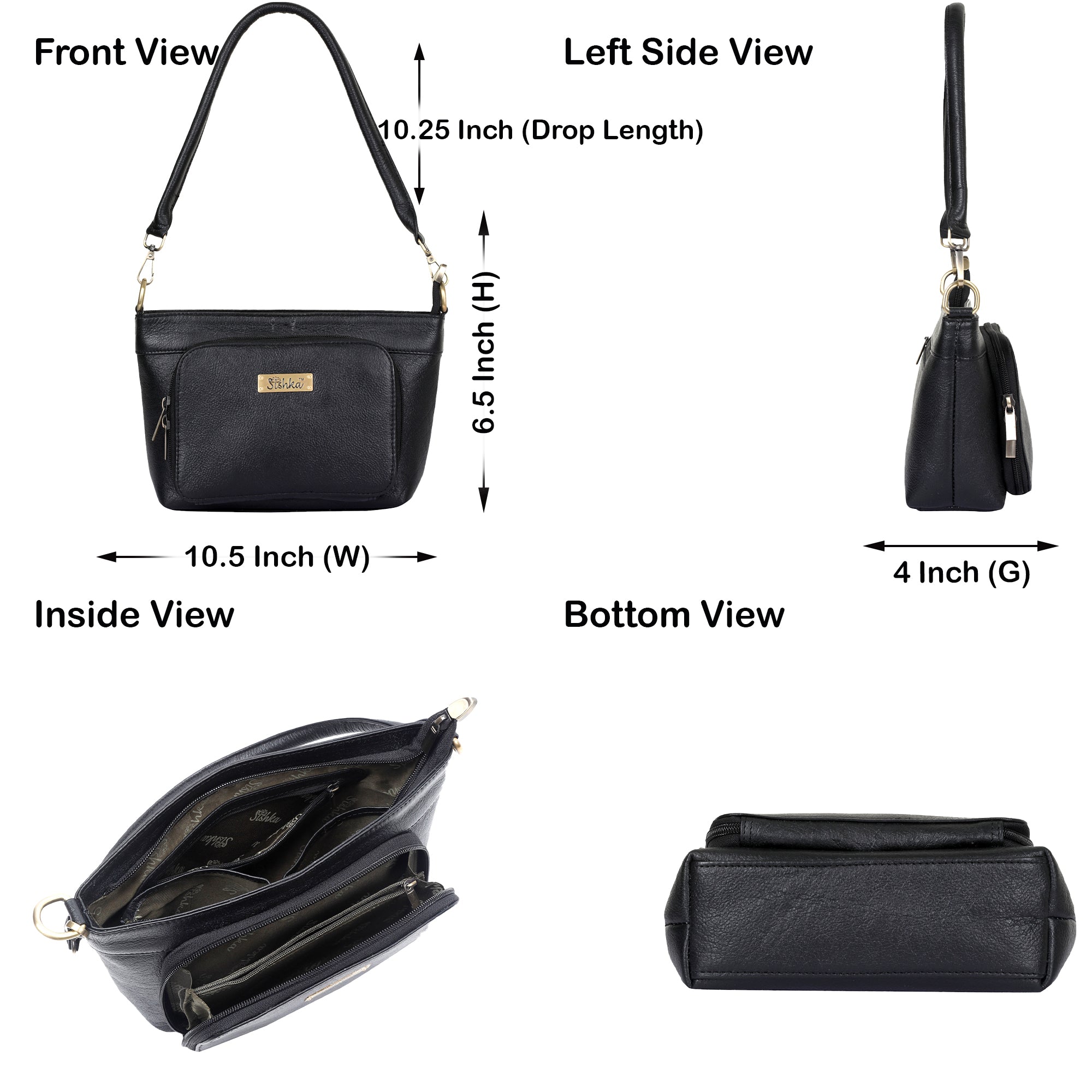 Black Shoulder Bag for Women by Sishka (H 6.25" x W 10.5" x D 4") – Elegant Genuine Leather Hobo Tote Handbag with Top Zipper Closure, Perfect for Daily Use, Travel & Casual Outings.
