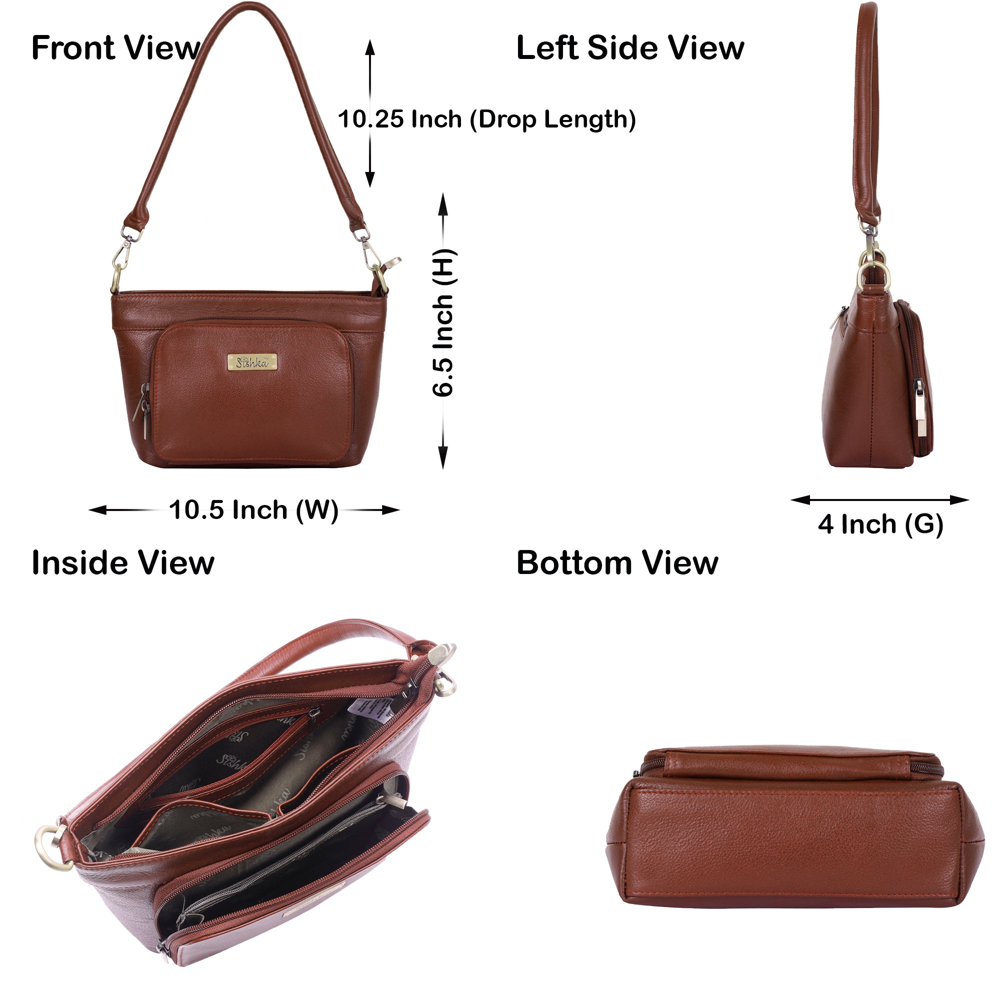 Brown Genuine Leather Shoulder Handbag – Women’s Tote with Front Pocket