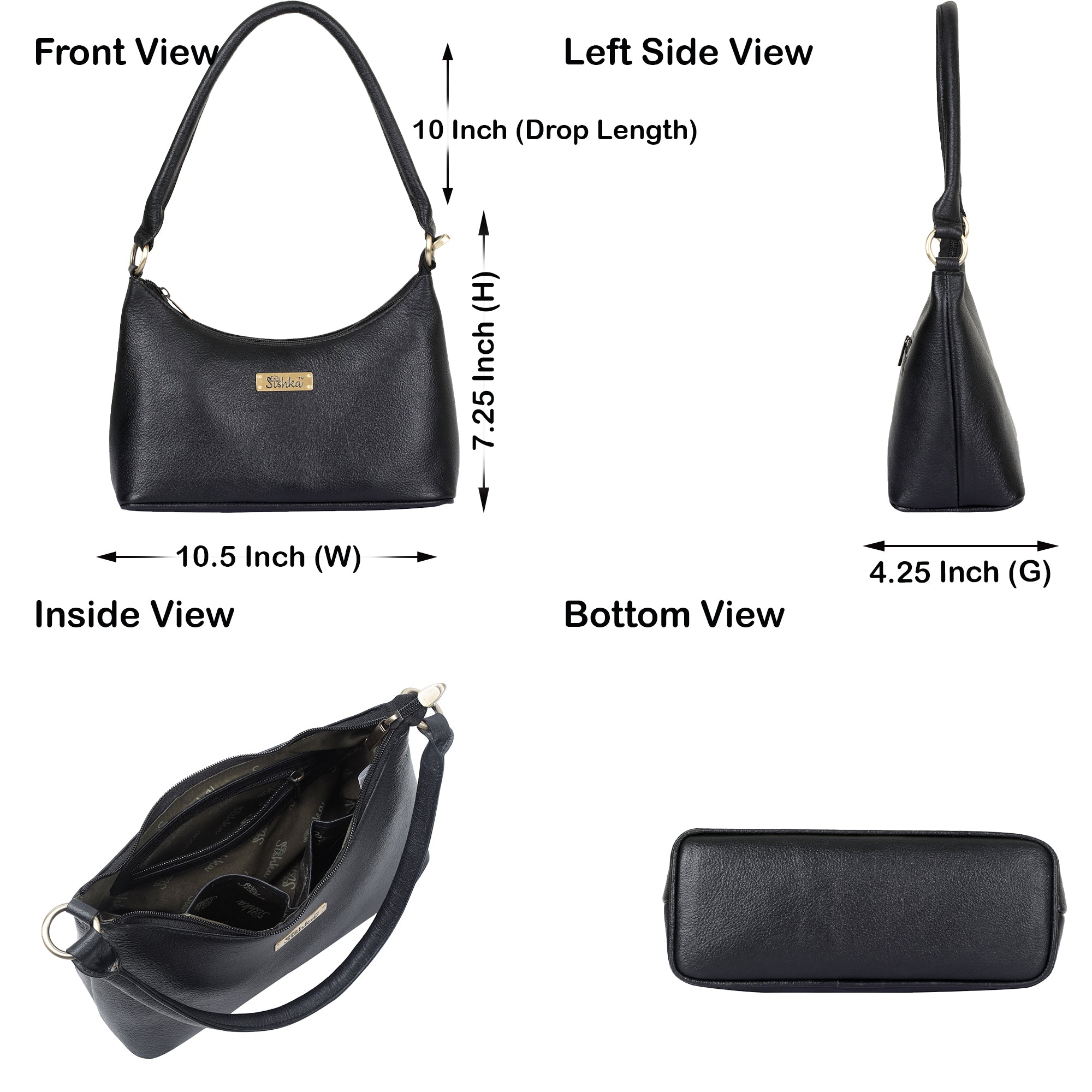 Sishka Black Genuine Leather Hobo Bag – Stylish Tote Shoulder Handbag, Soft Leather Satchel, Versatile Crossbody Purse for Women (H 7.25" x W 10.5" x D 4.25").