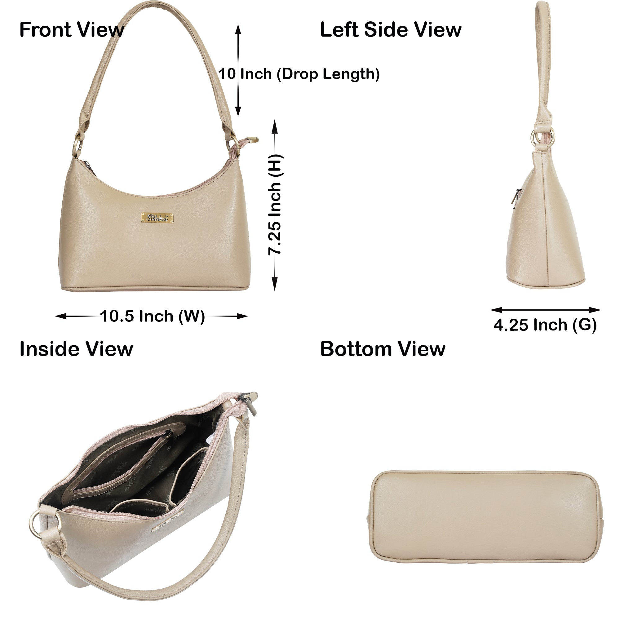 Sishka Genuine Leather Hobo Bag – Elegant Tote Shoulder Handbag, Soft Leather Satchel, Versatile Crossbody Purse for Women – Taupe (H 7.25" x W 10.5" x D 4.25").