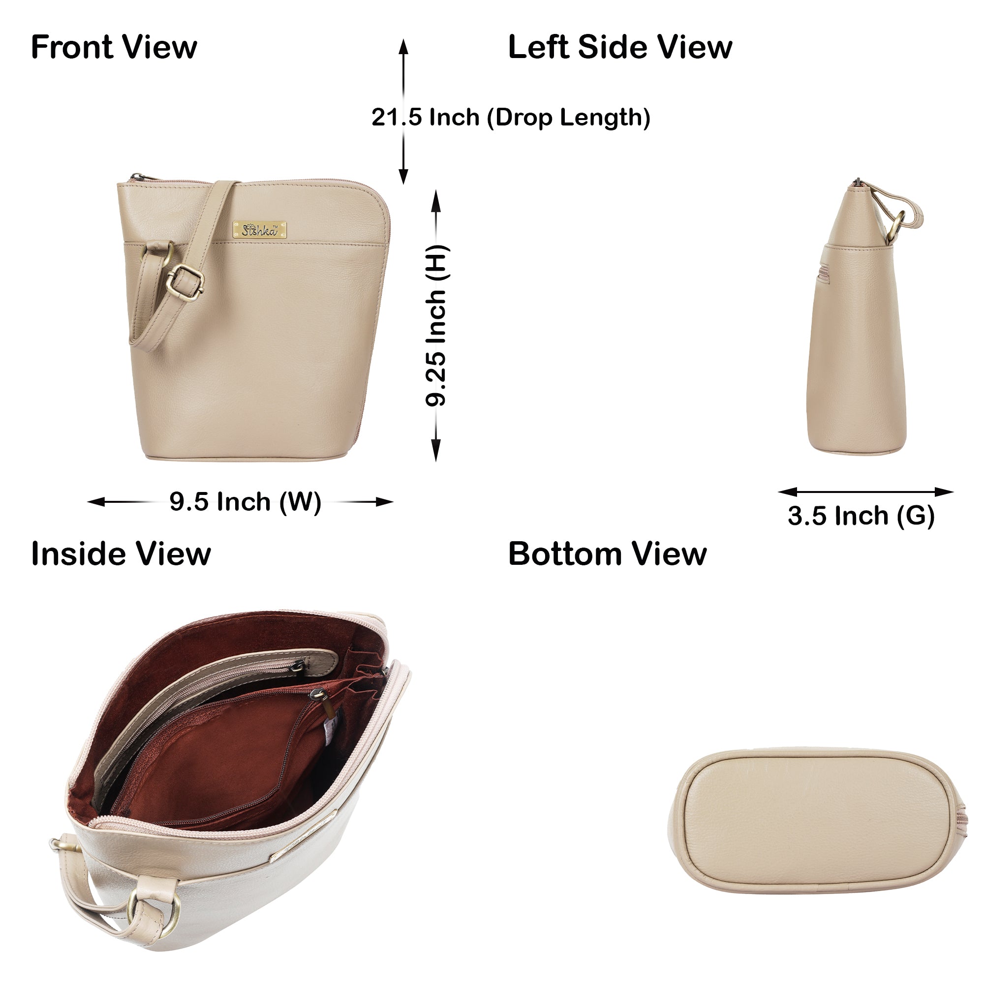 Sishka Taupe Genuine Leather Crossover Bag for Women – Modern Shoulder Handbag with an Elegant Organizer Design, Ideal for Everyday Carry (H 9.25" x W 9.5" x D 3.5").