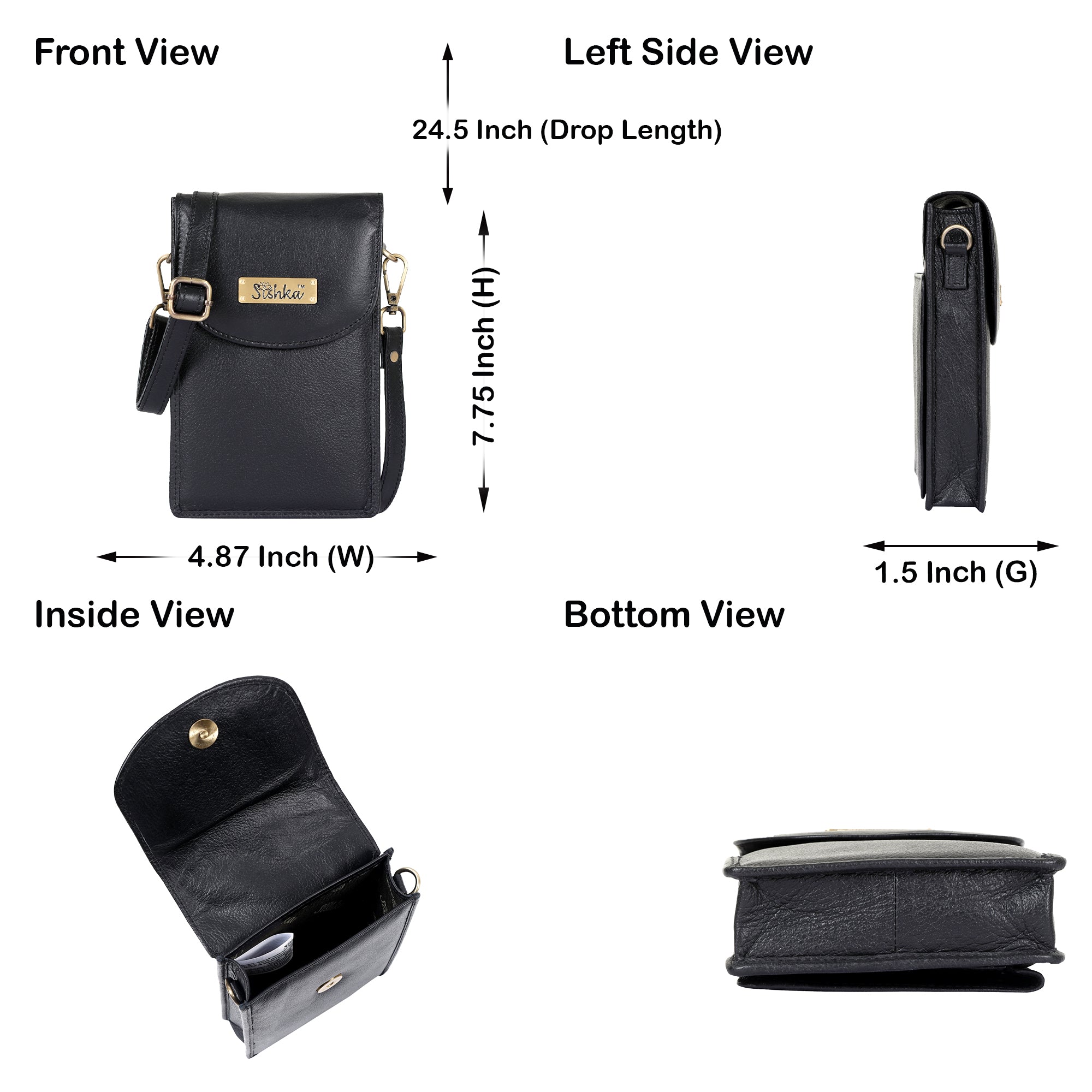 Crossbody Cell Phone Wallet in Trendy Black by Sishka – Stylish Genuine Leather Purse, Sleek Shoulder Bag, Travel Sling, Compact Wallet for Everyday Use.