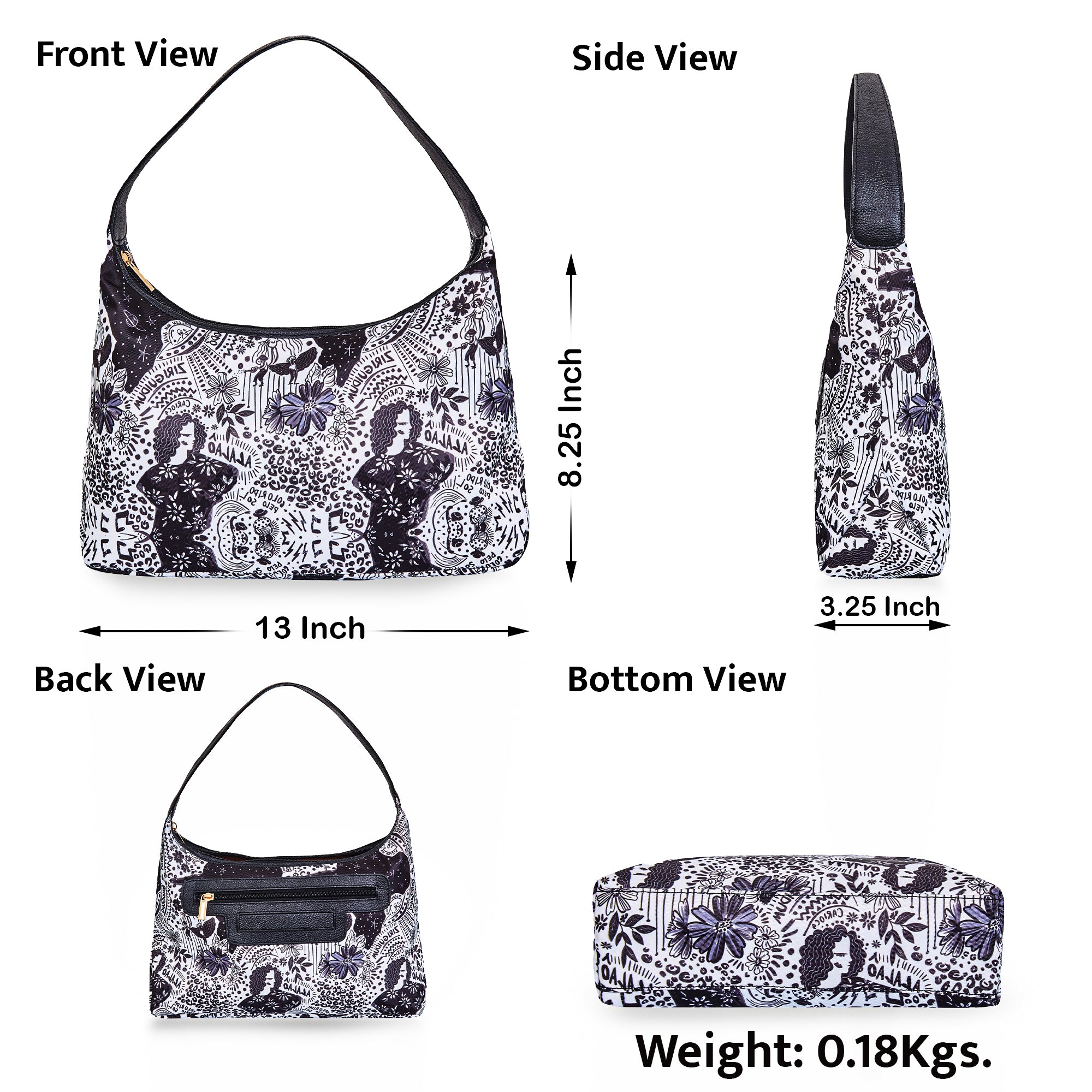 Sling Hobo Bag in Monochrome Print with Leather Trim
