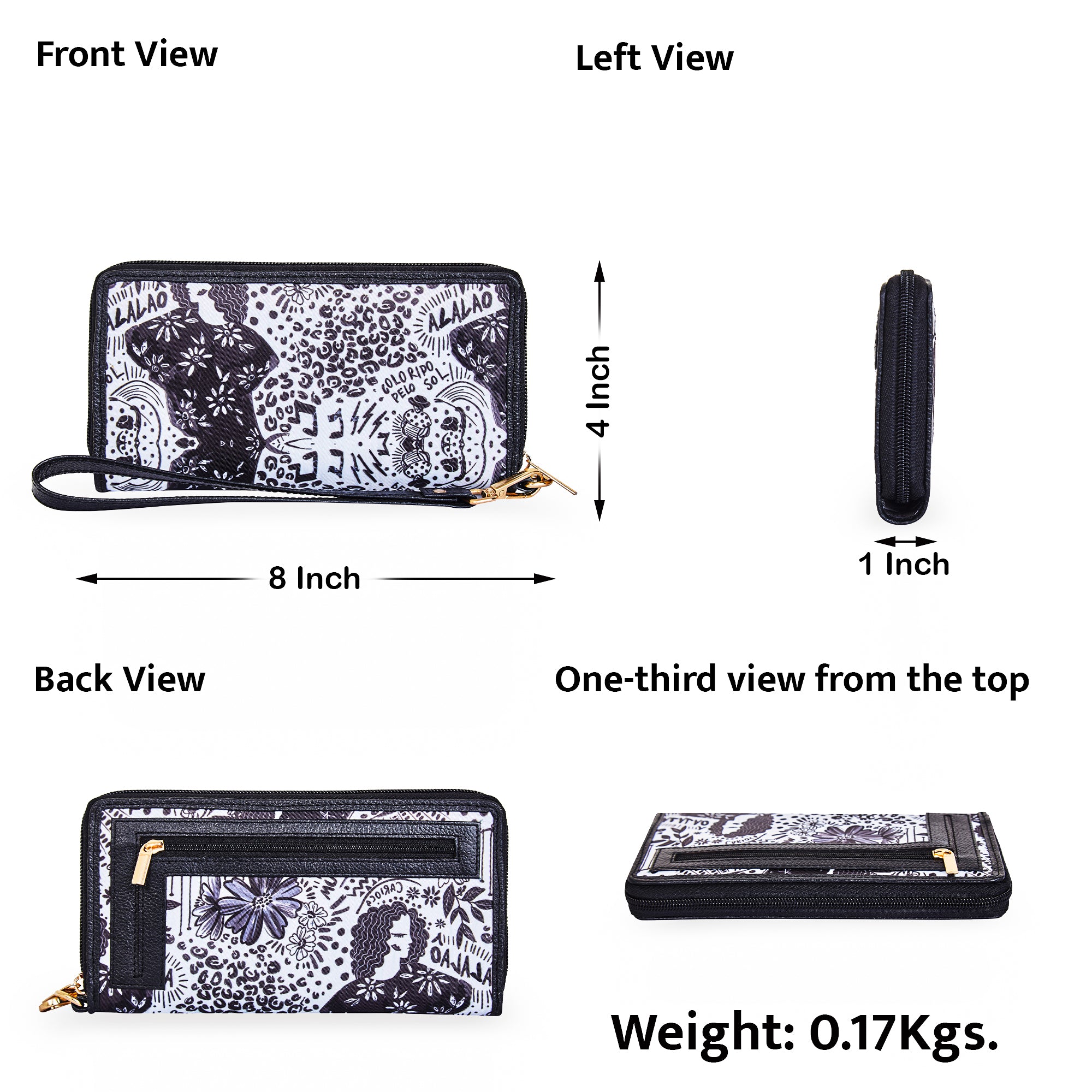 Wristlet Travel Wallet with Leather Trim – Black and White Prints for Ladies