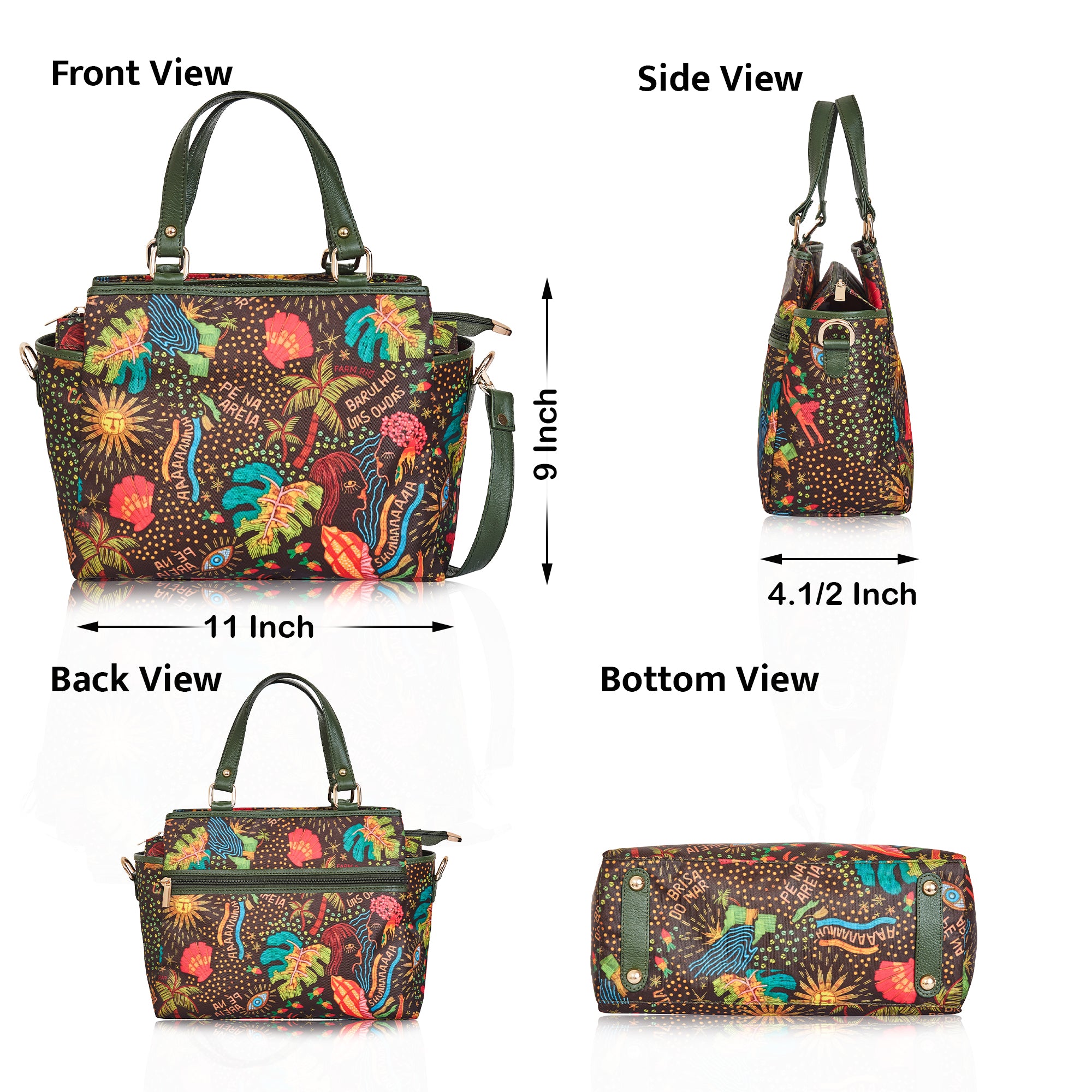 Satchel Bag with Coastal Print and Leather Outer Trim