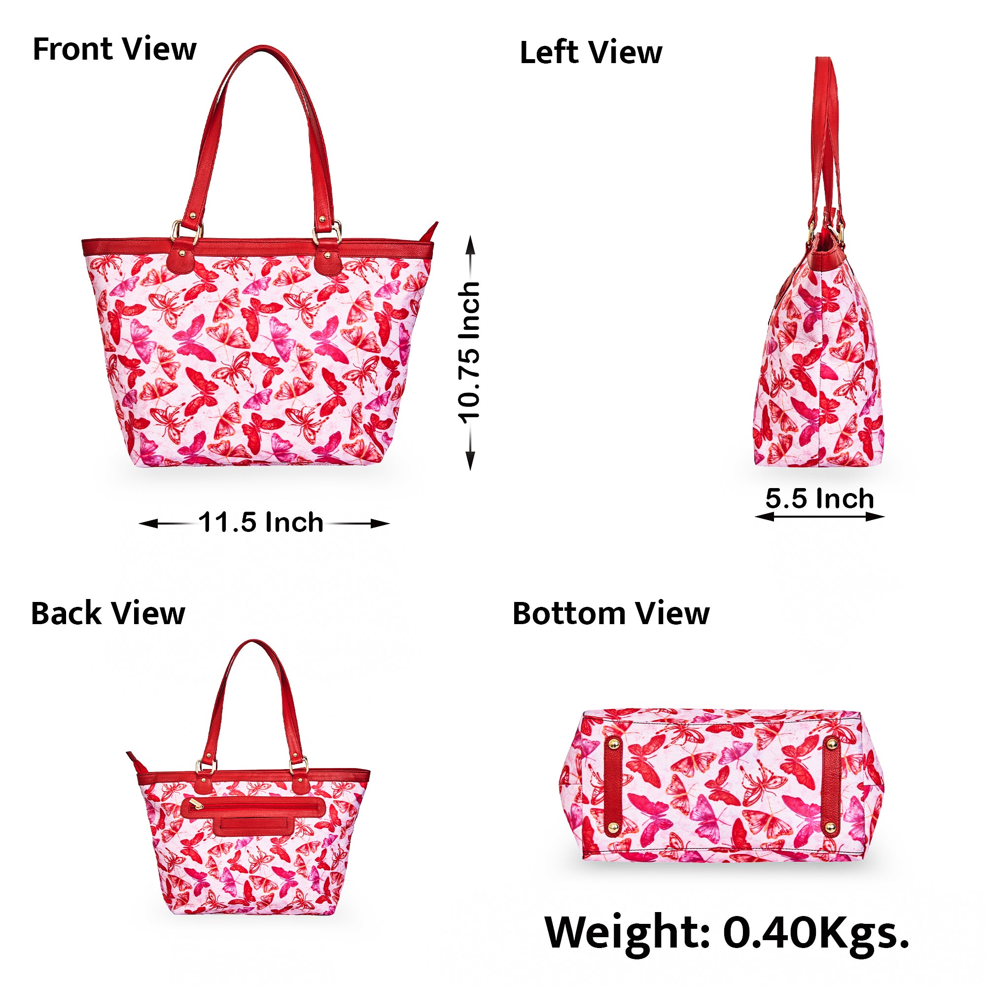 Ladies Butterfly Print Tote bag with Leather Trim and Zip Closure