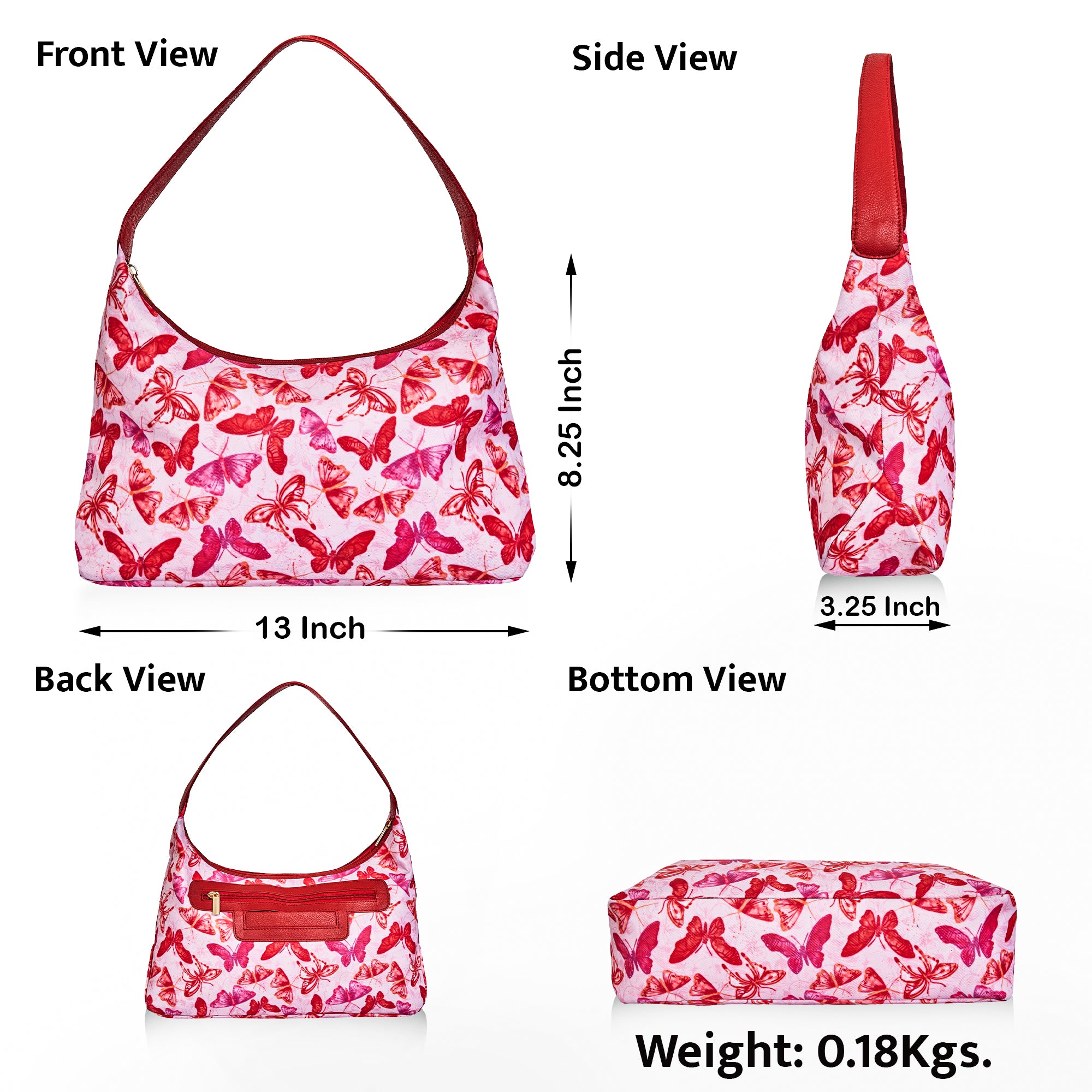 Flying Butterfly Print Sling Leather-Trimmed Hobo Bag