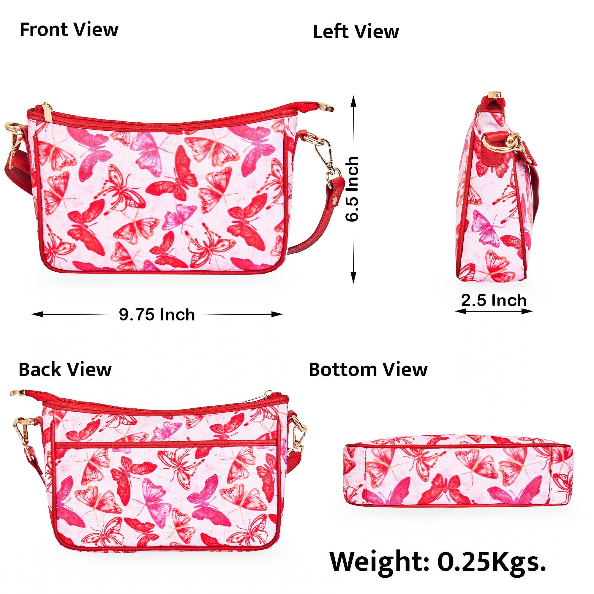 Butterfly East/West Women's Hobo bag with Adjustable Strap and Leather Trim