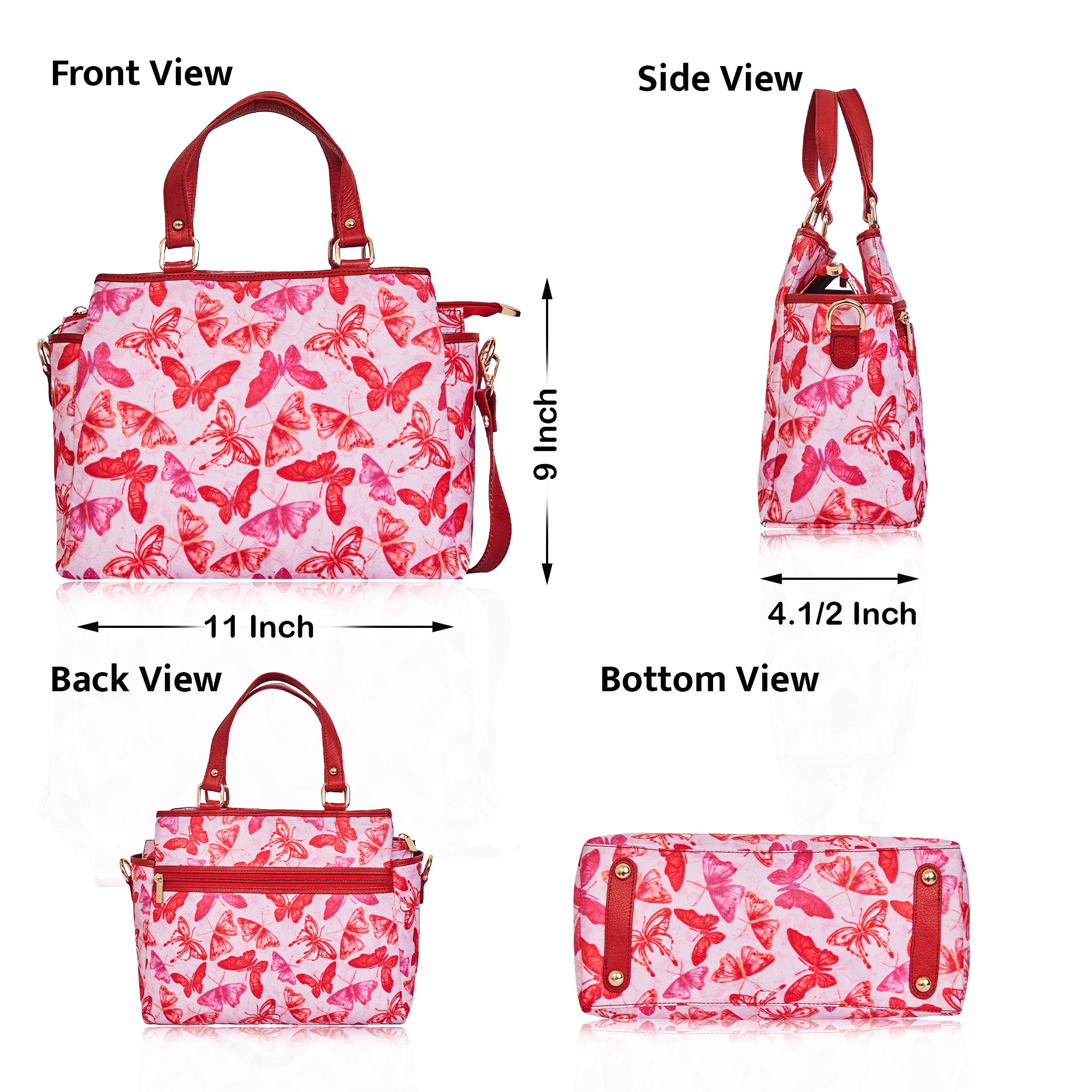 Women's Satchel Bag with Butterfly Wings Print and Geniune Leather Details