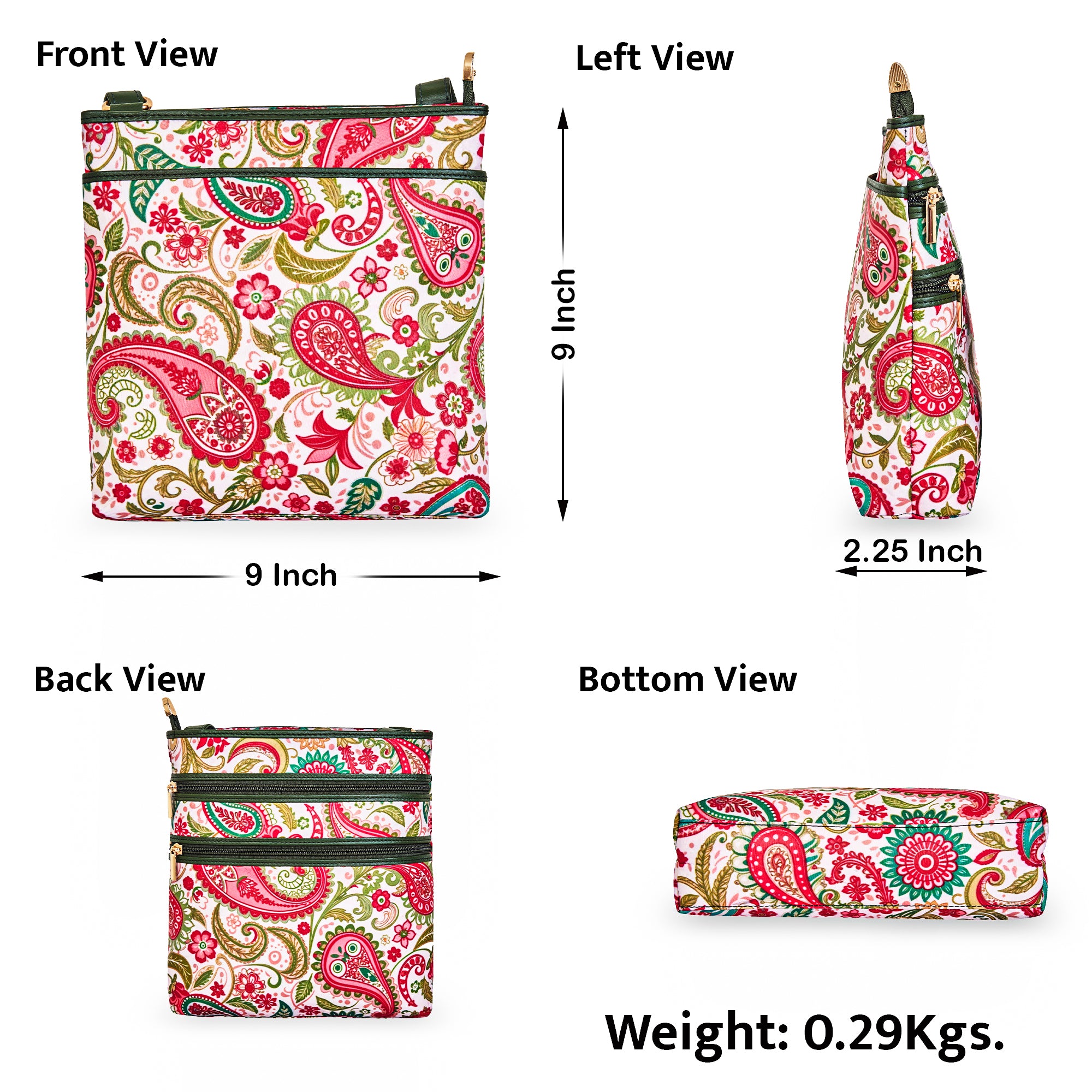 Crossbody Bag with Leather Trim and Paisley Print Fabric for Women
