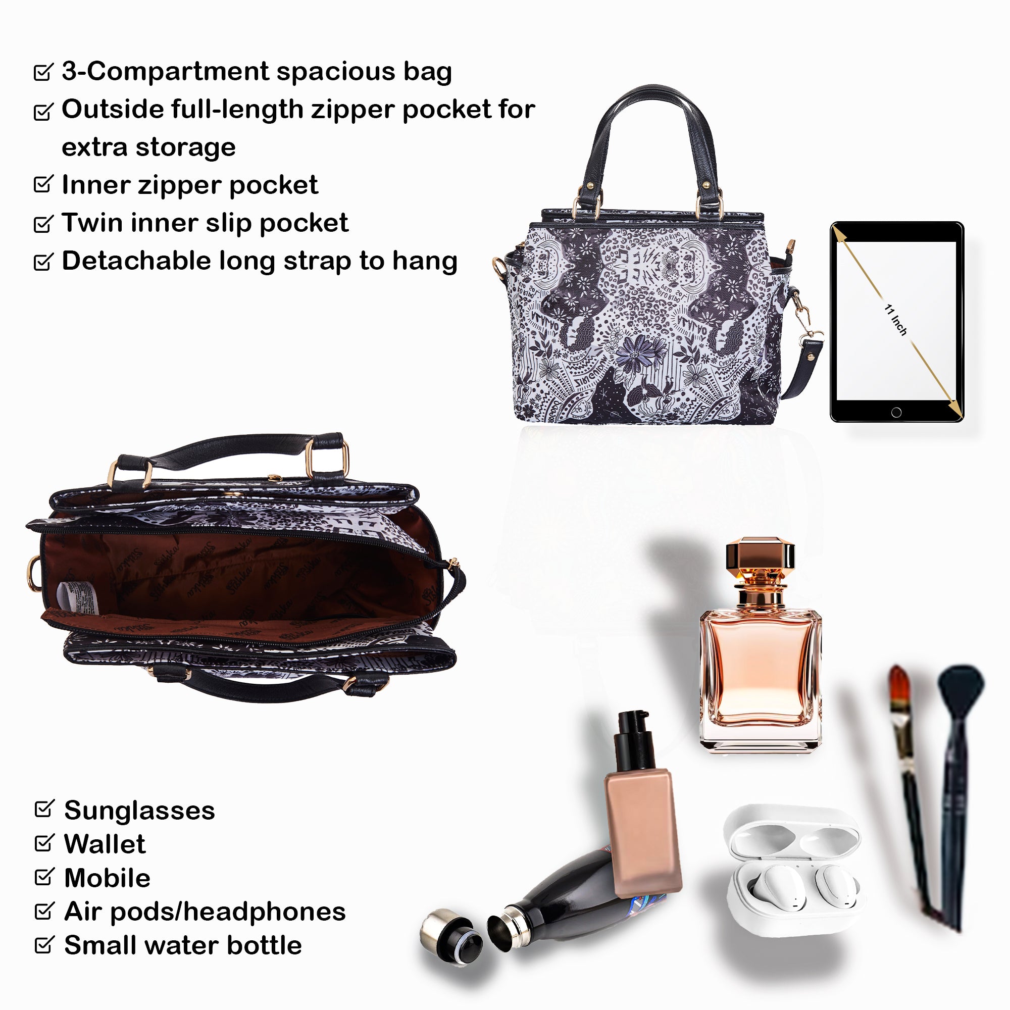 Monochrome Leather Multi-Compartment Satchel with for Women