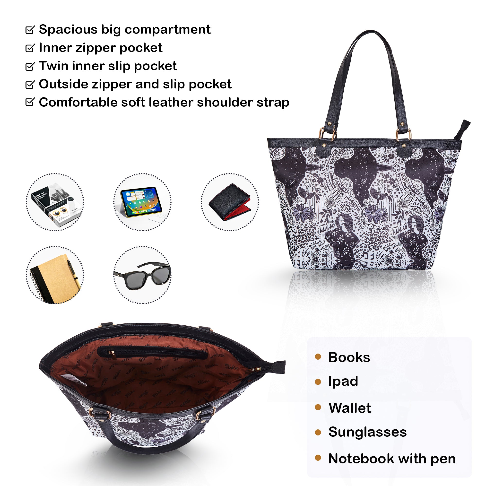 Leather Trim & Zip Closure – Monochrome Print Tote for Women
