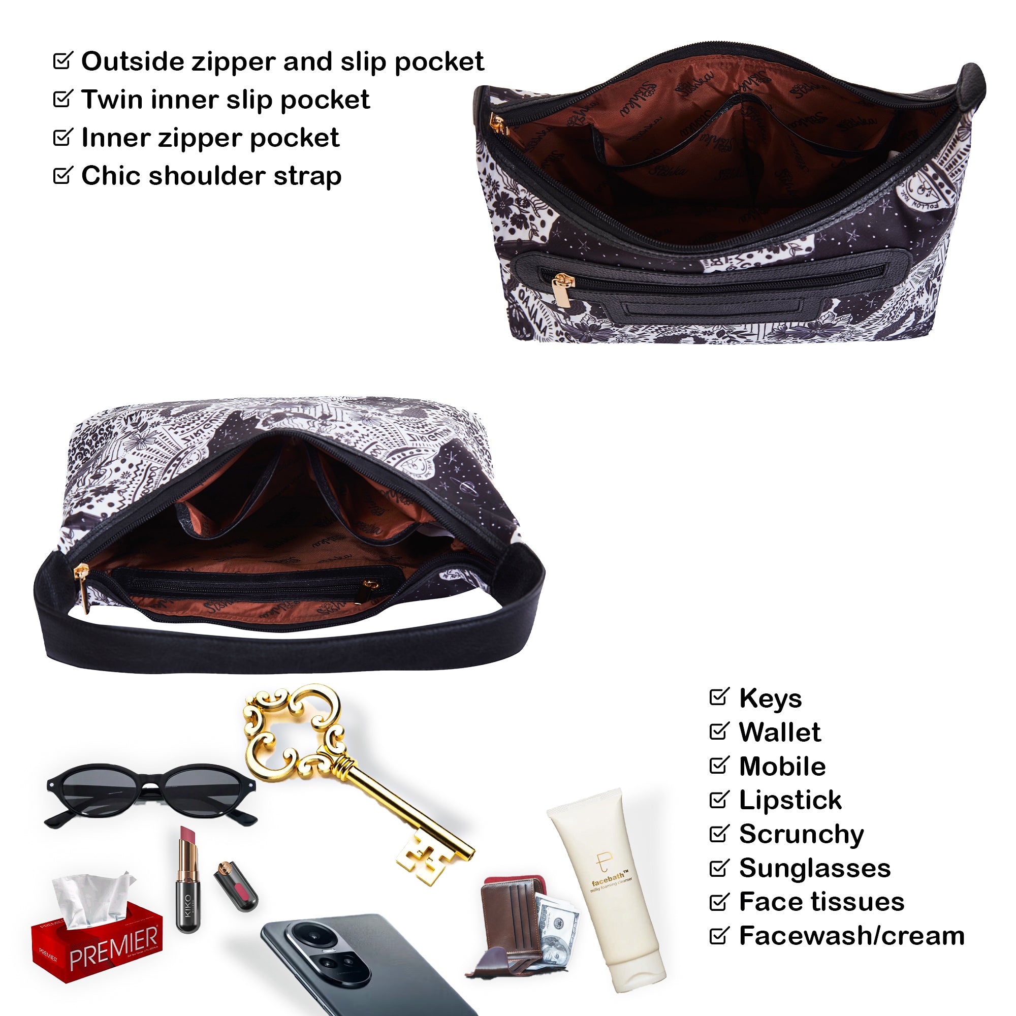 Sling Hobo Bag in Monochrome Print with Leather Trim