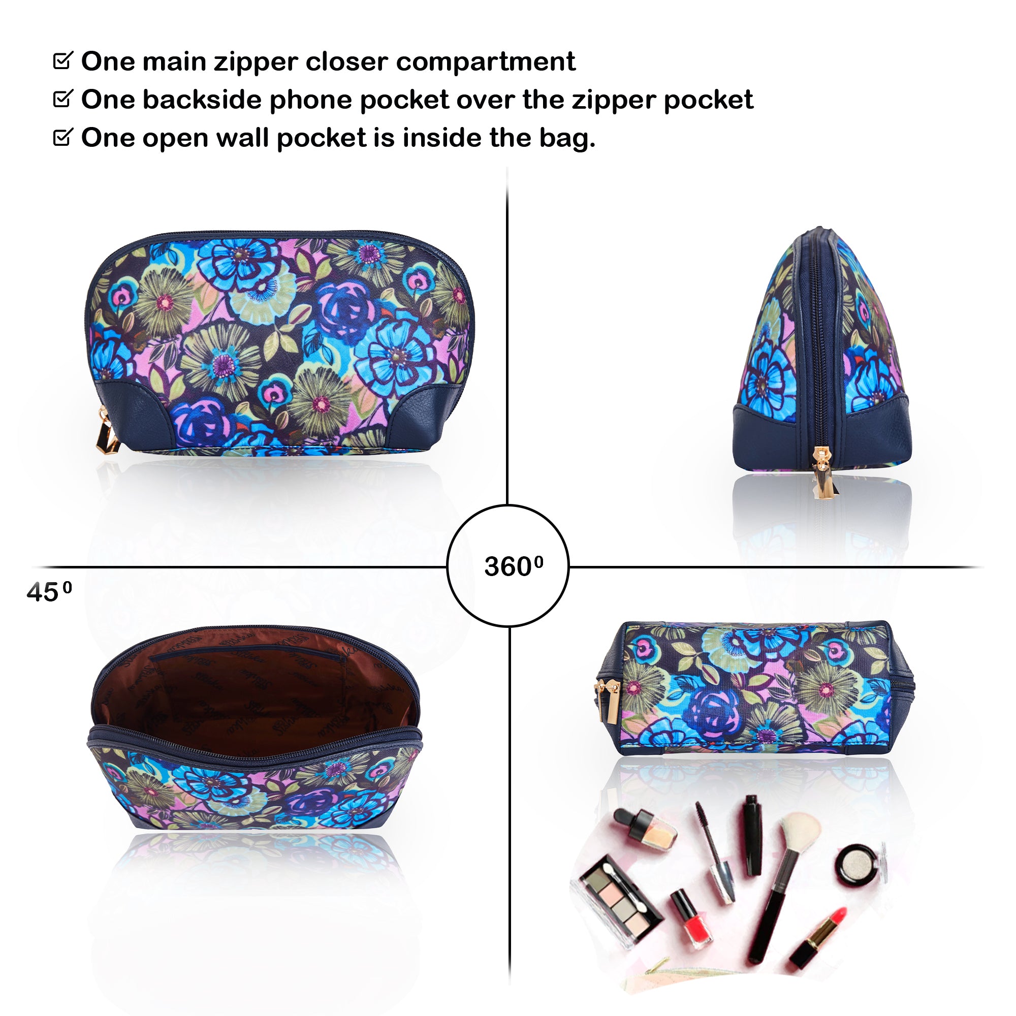 Ladies' Cosmetic Bag with Genuine Leather Accents and Floral Print for Travel Organization