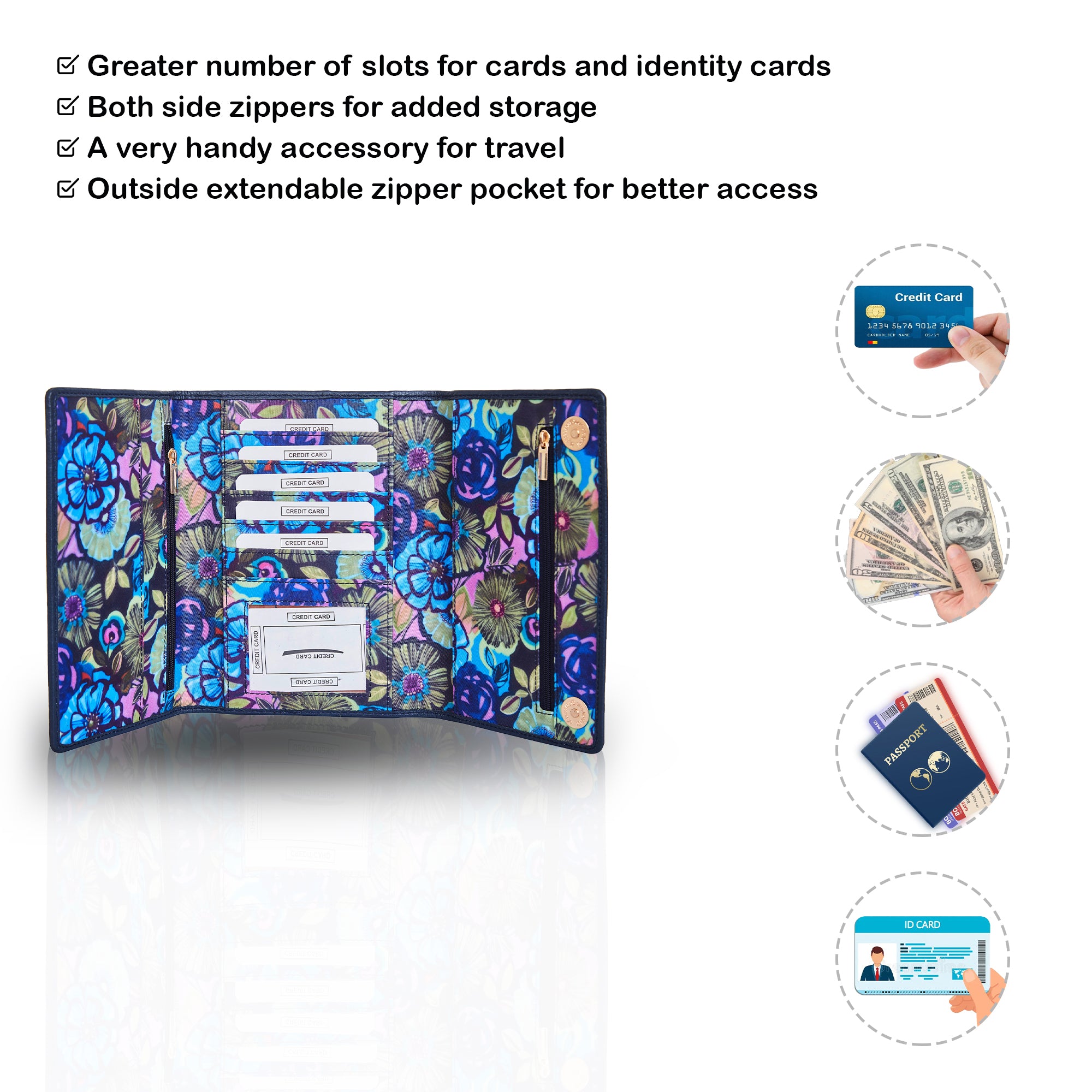 Floral Print Trifold Wallet and Organizer with Genuine Leather Accents for Women