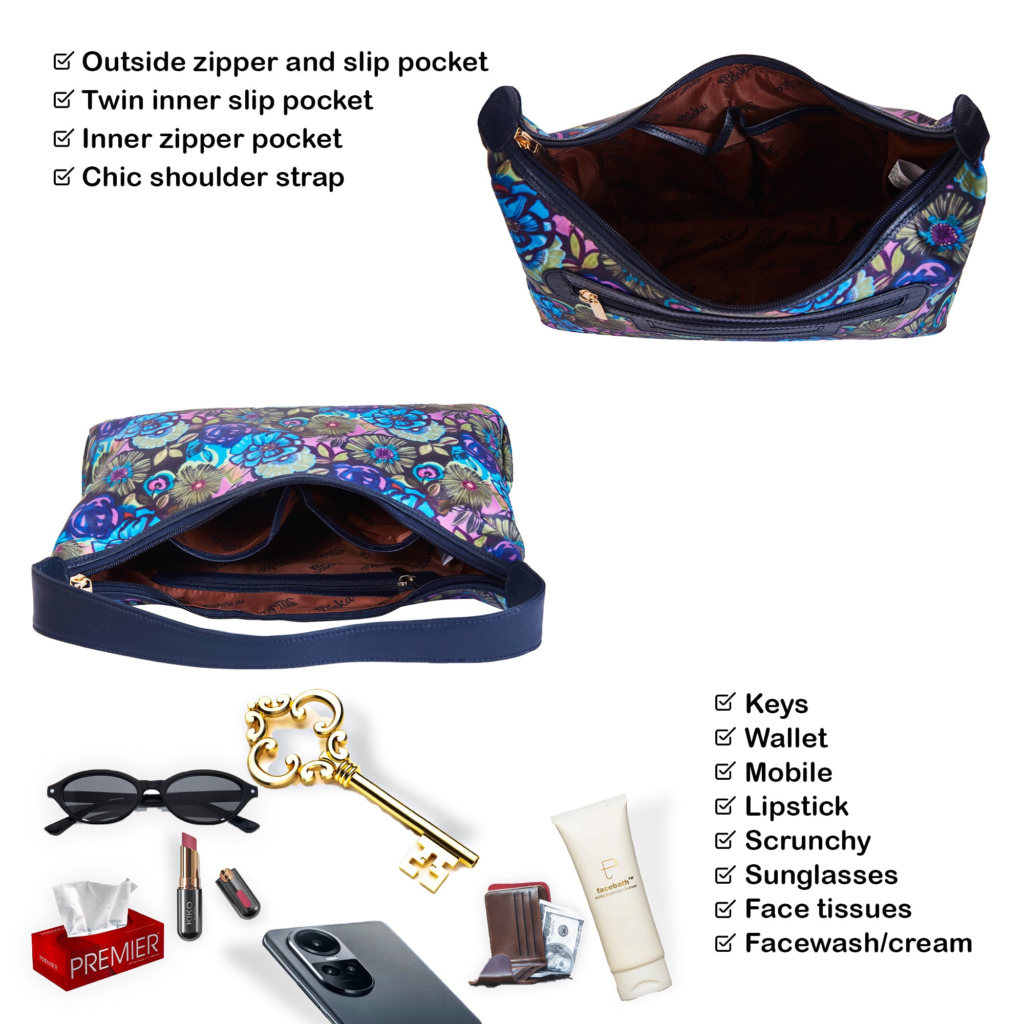Hobo Sling Bag with Leather Accents and Botanical Print Fabric