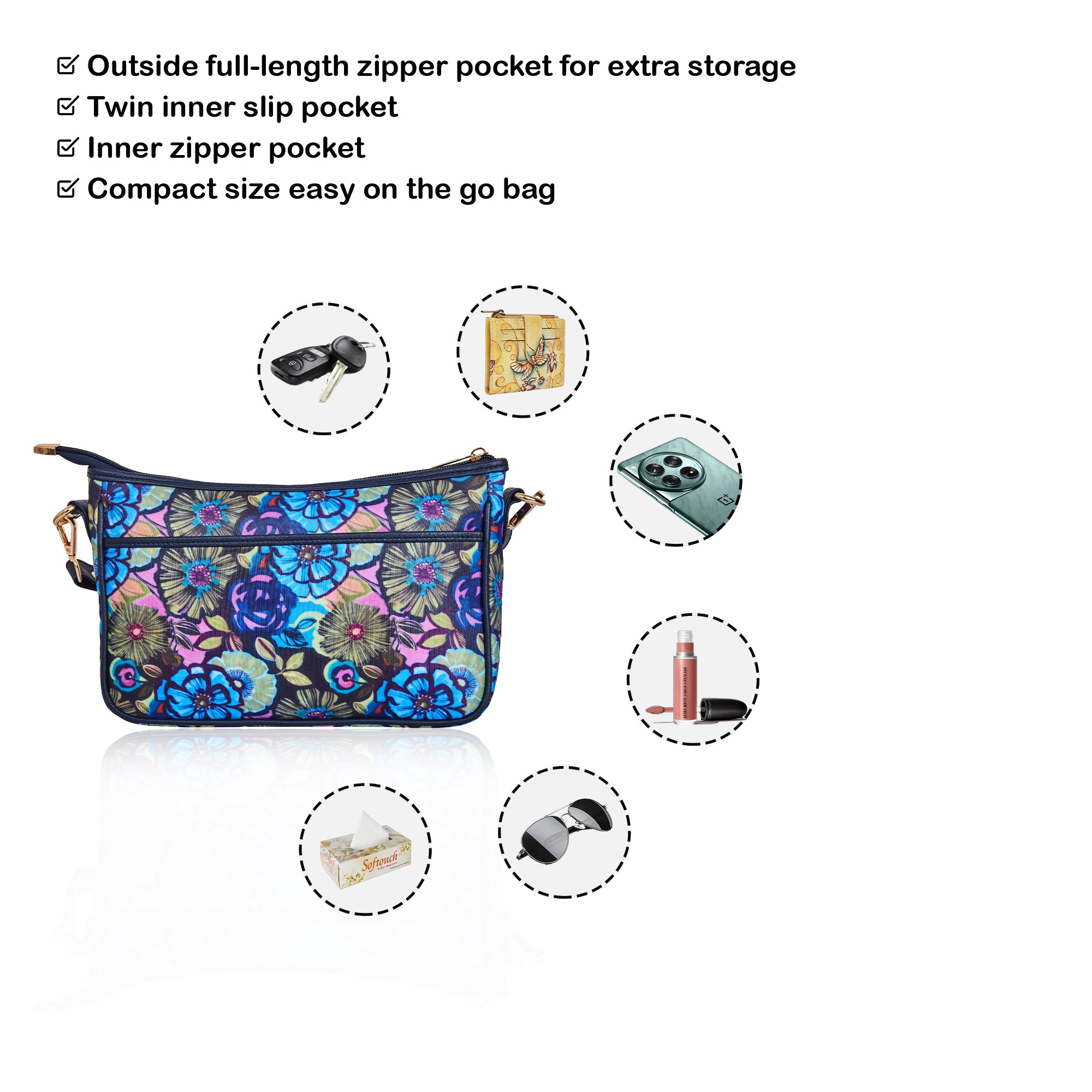 Floral Print Hobo Bag with Leather Trim and an Adjustable Strap for Ladies