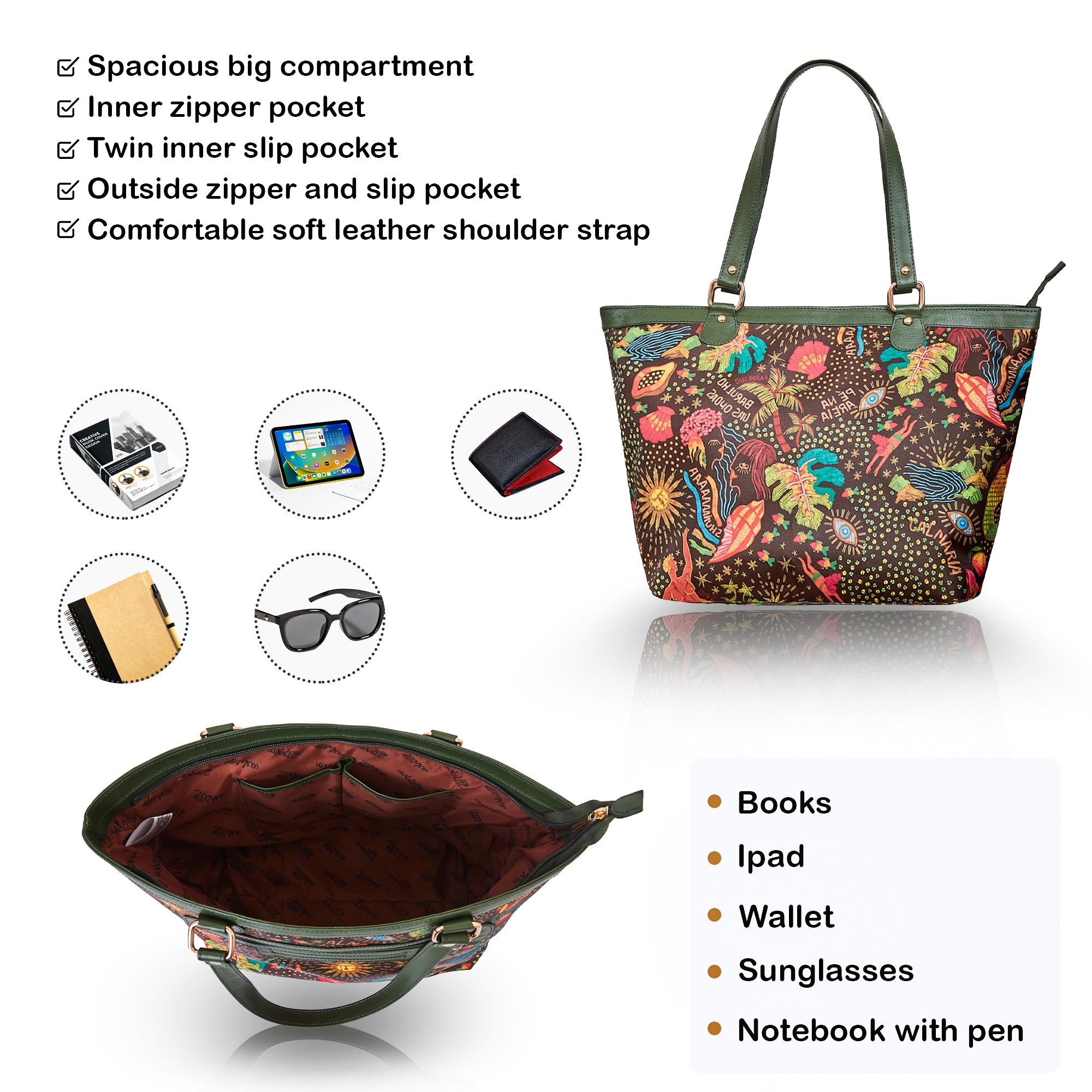 Coastal Bliss Fabric Tote Bag with Leather Detailing and Zip Closure for Women
